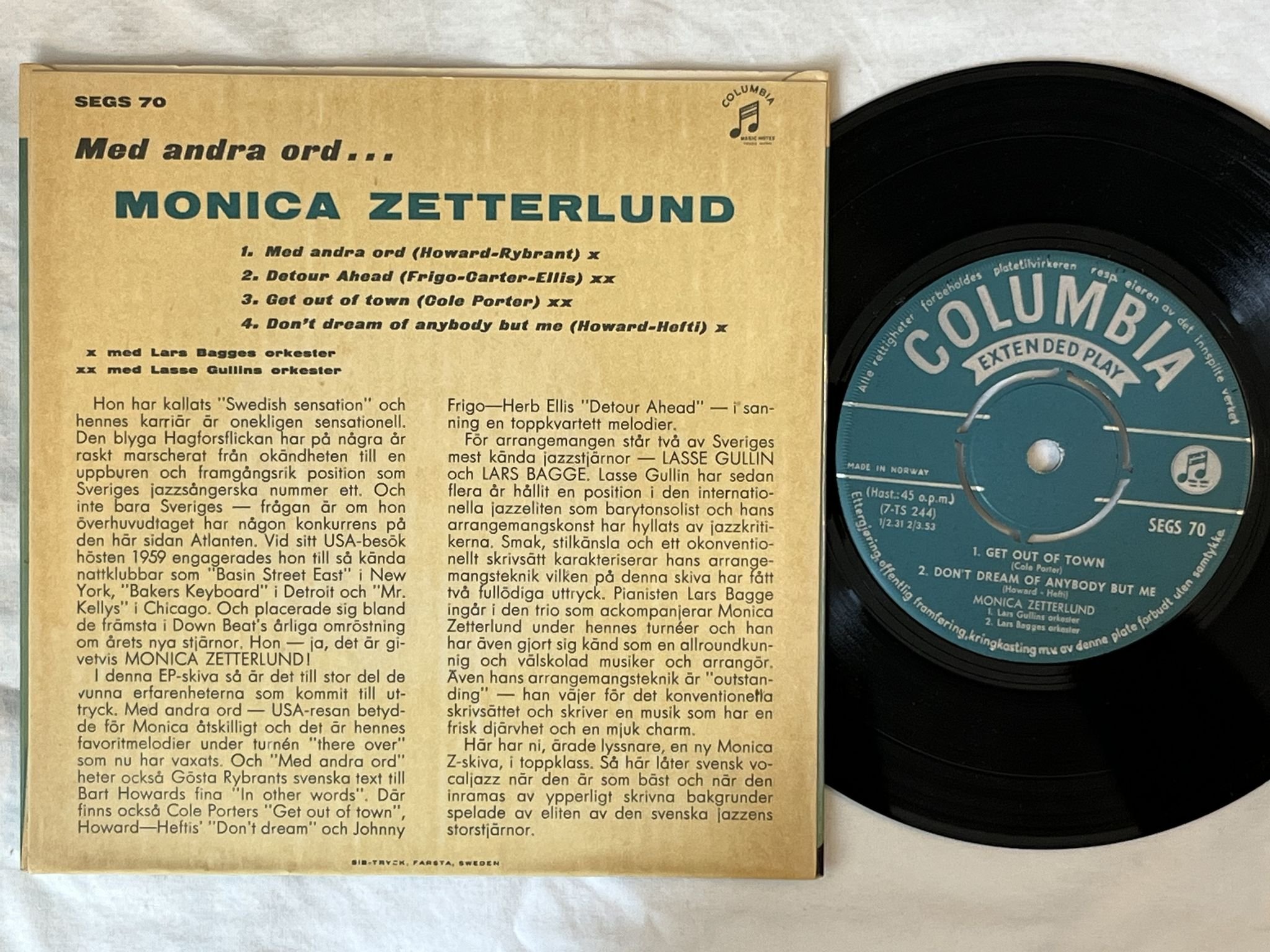 Omslagsbild för skivan MONICA ZETTERLUND med andra ord "7"Single-60 SWE SEGS 70 COLUMBIA ** Rare **