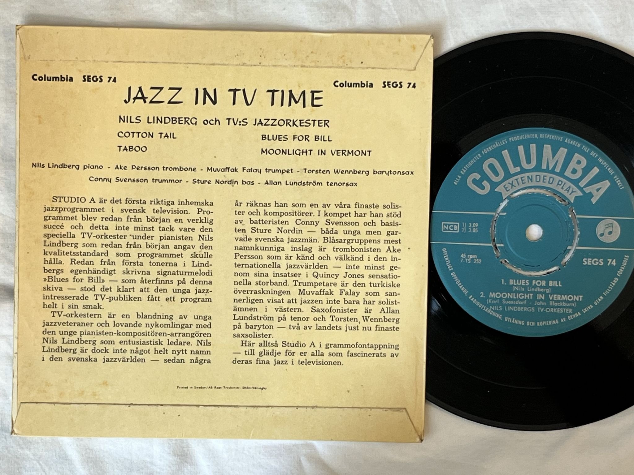 Omslagsbild för skivan NILS LINDBERG jazz in tv time "7"Single-60 SWE SEGS 74 COLUMBIA