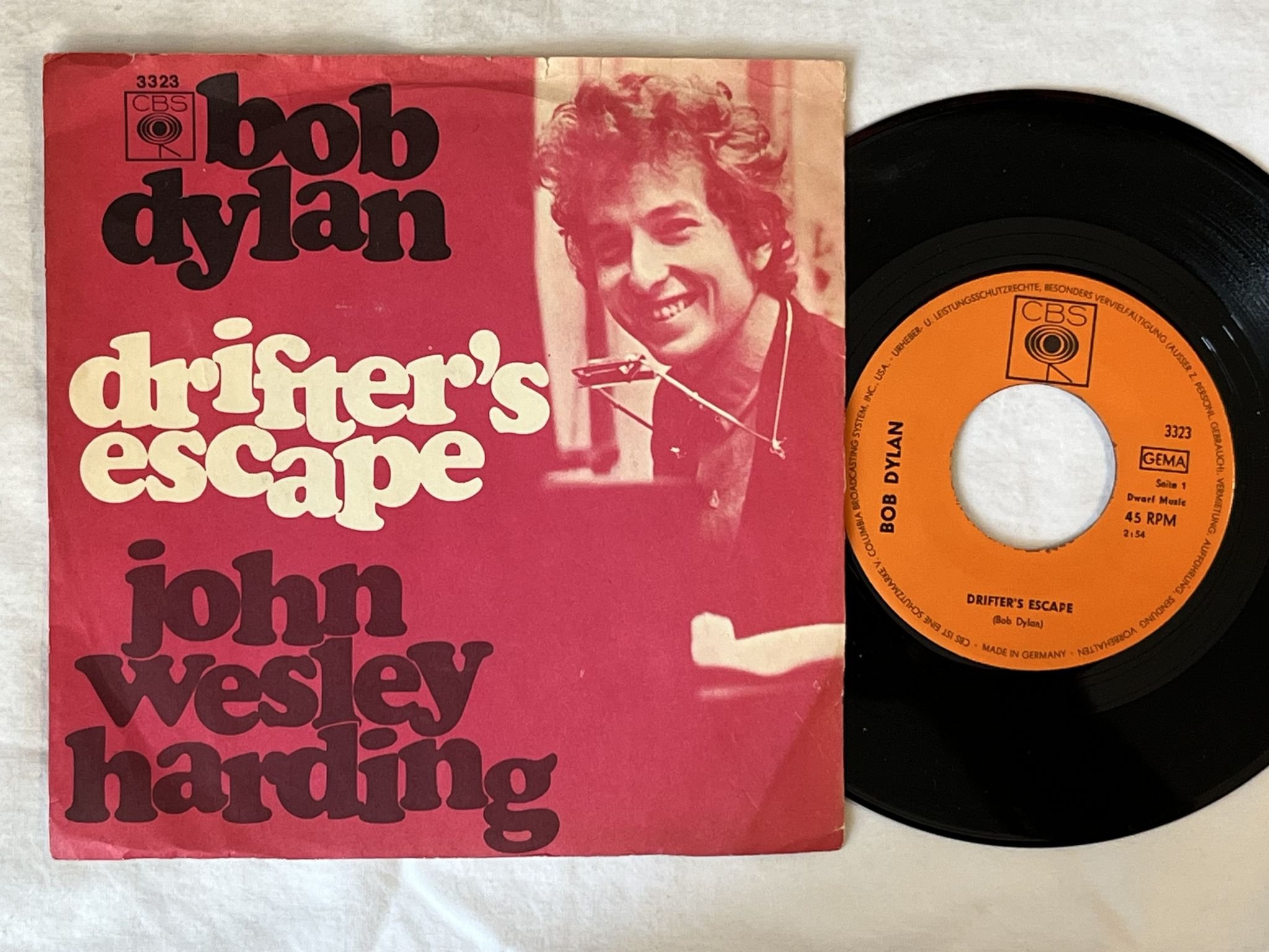 Omslagsbild för skivan BOB DYLAN drifter's escape/ john wesley harding "7"Single-68 GER CBS 3323