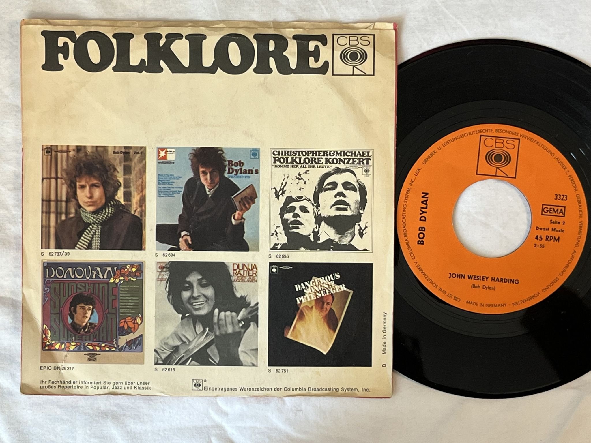 Omslagsbild för skivan BOB DYLAN drifter's escape/ john wesley harding "7"Single-68 GER CBS 3323