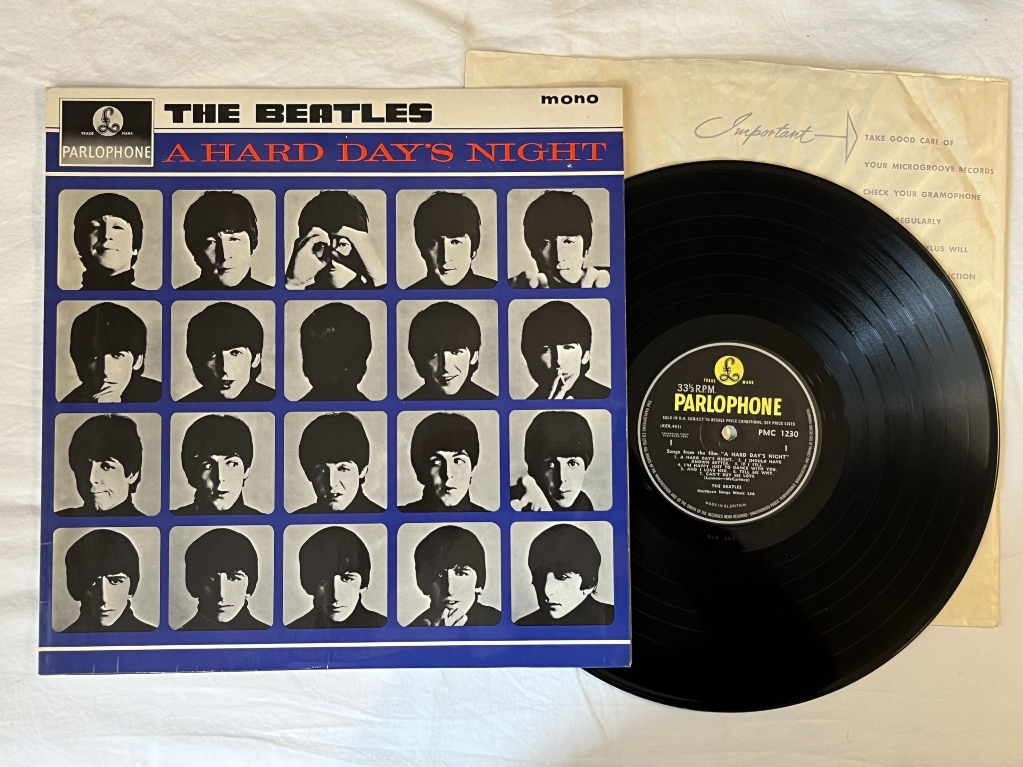 Omslagsbild för skivan THE BEATLES a hard day's night LP-64 UK PMC 1230 PARLOPHONE