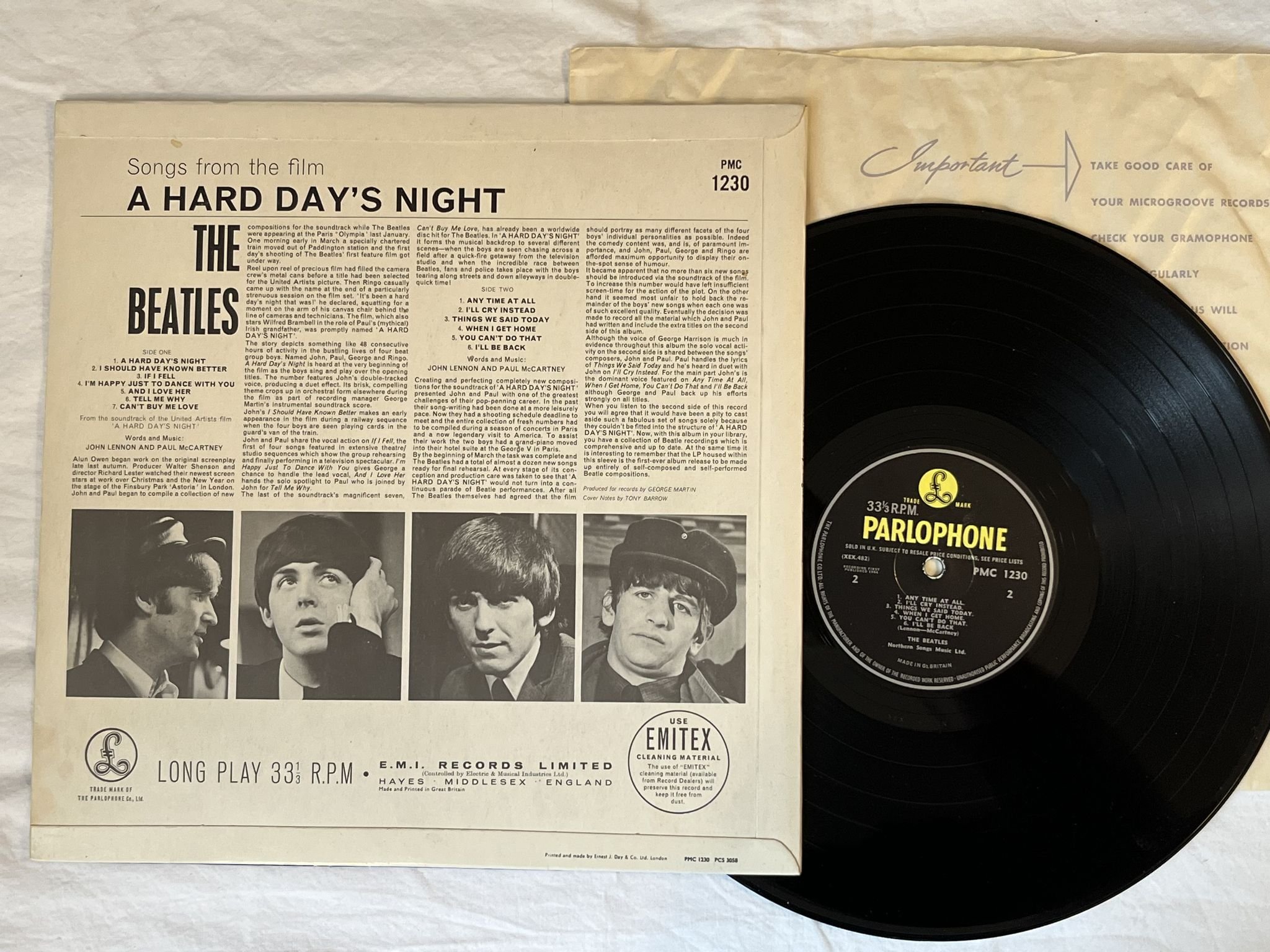 Omslagsbild för skivan THE BEATLES a hard day's night LP-64 UK PMC 1230 PARLOPHONE