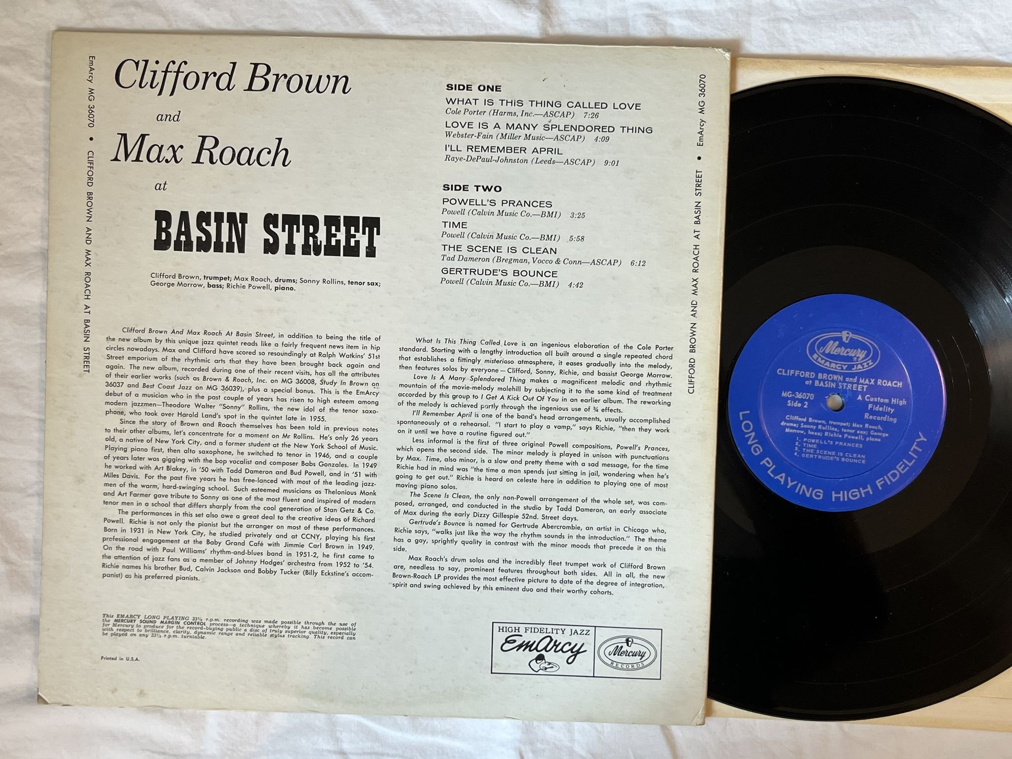 Omslagsbild för skivan CLIFFORD AND MAX ROACH at basin street LP-50? US MG 36070 EmArcy, Mercury