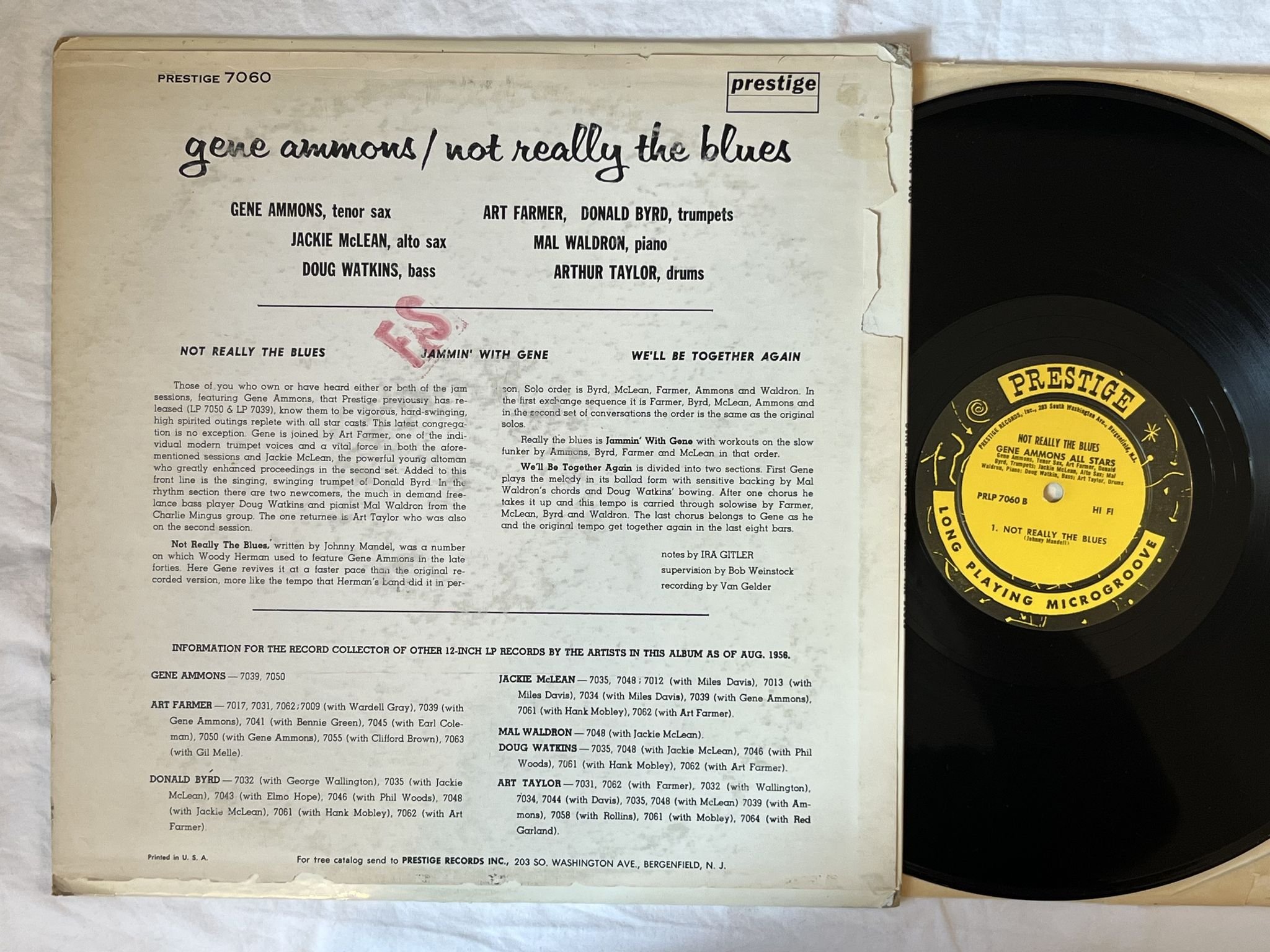 Omslagsbild för skivan GENE AMMONS not really the blues LP-60 US PR 7060 Prestige