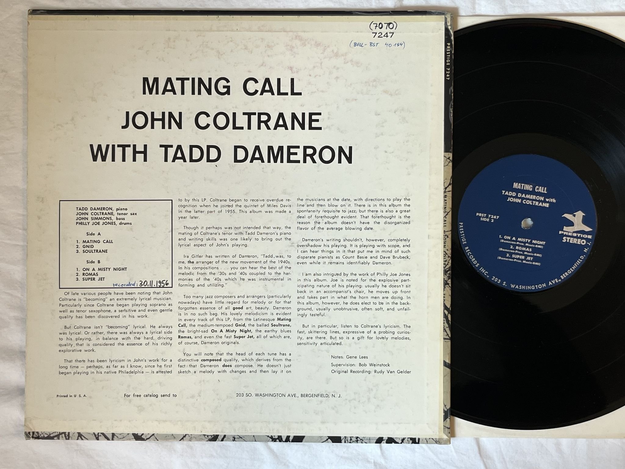 Omslagsbild för skivan JOHAN COLTRANE WITH TADD DAMERON mating call LP-63 US PR 7247 Prestige