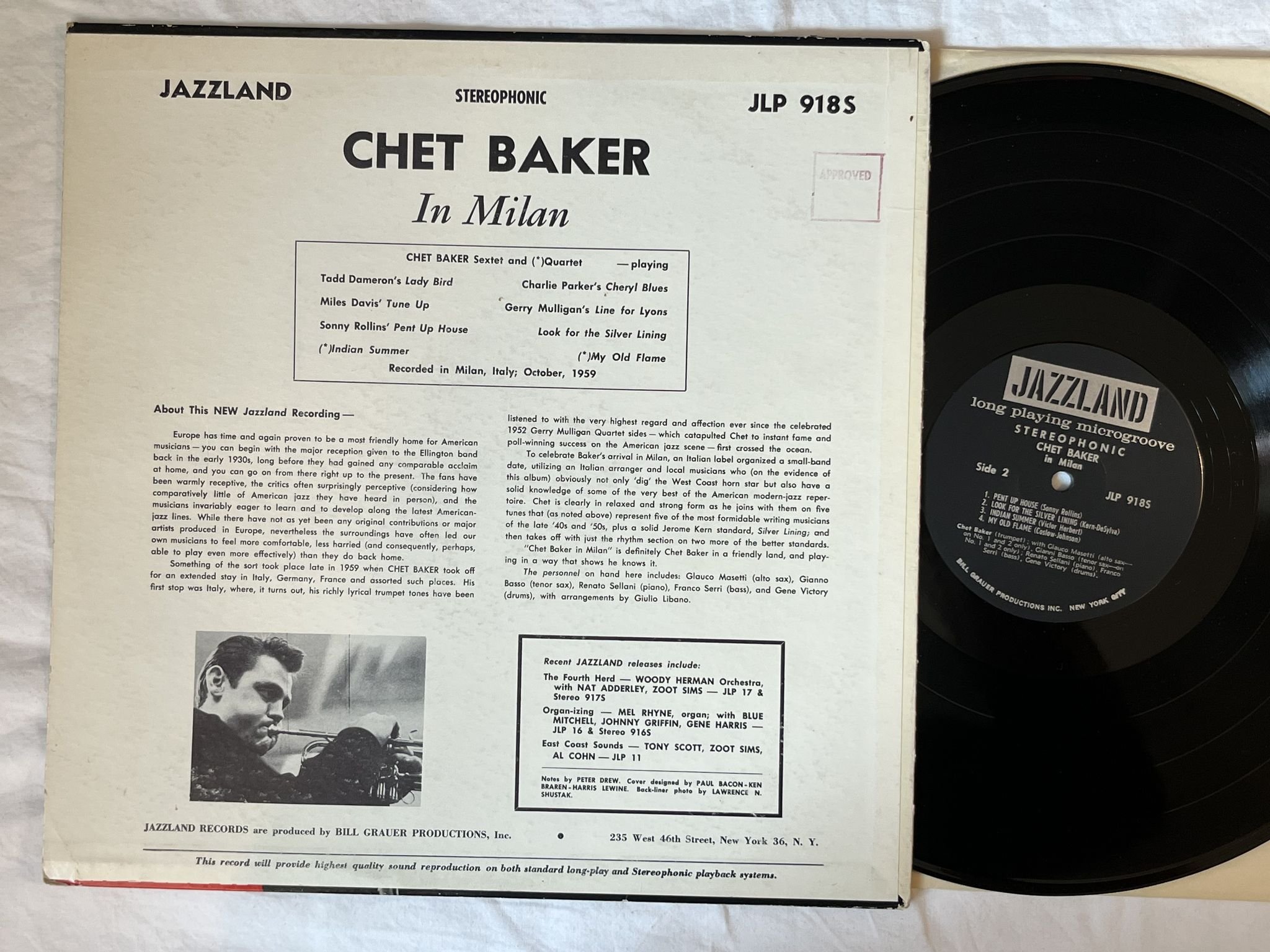 Omslagsbild för skivan CHET BAKER in milan LP-60 US JLP 618S Jazzland