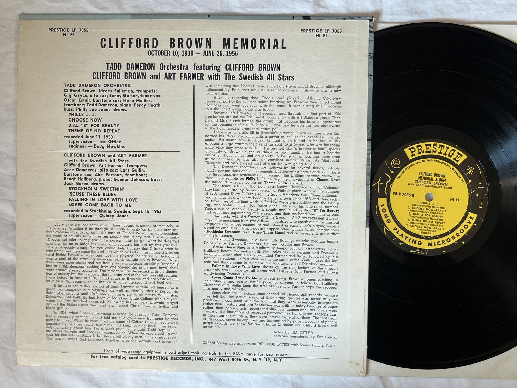 Omslagsbild för skivan CLIFFORD BROWN memorial LP-56 US PRLP 7055 Prestige