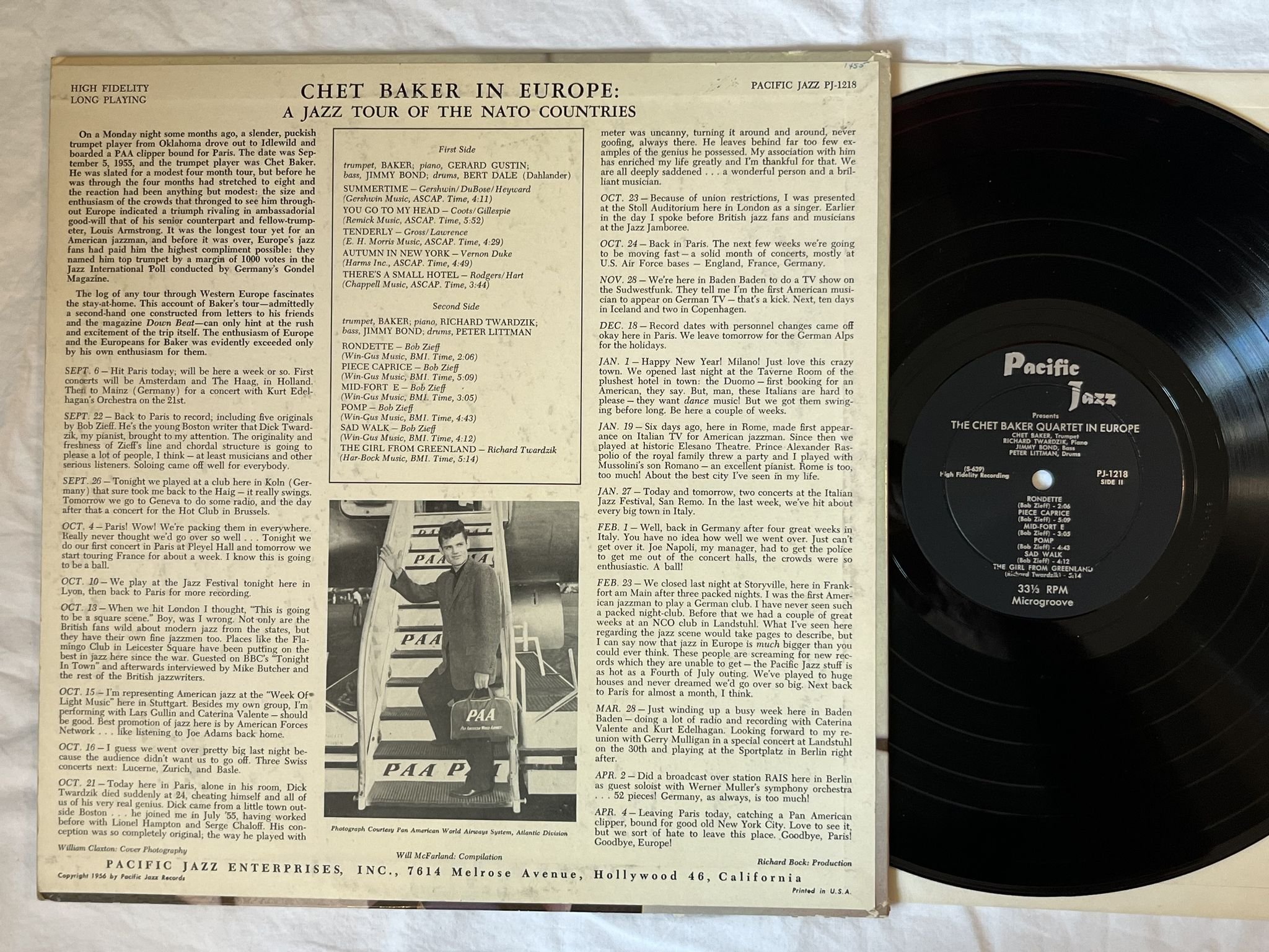 Omslagsbild för skivan CHET BAKER IN EUROPE A jazz tour of th.. LP-57 US PJ-1218 World Pacific Records