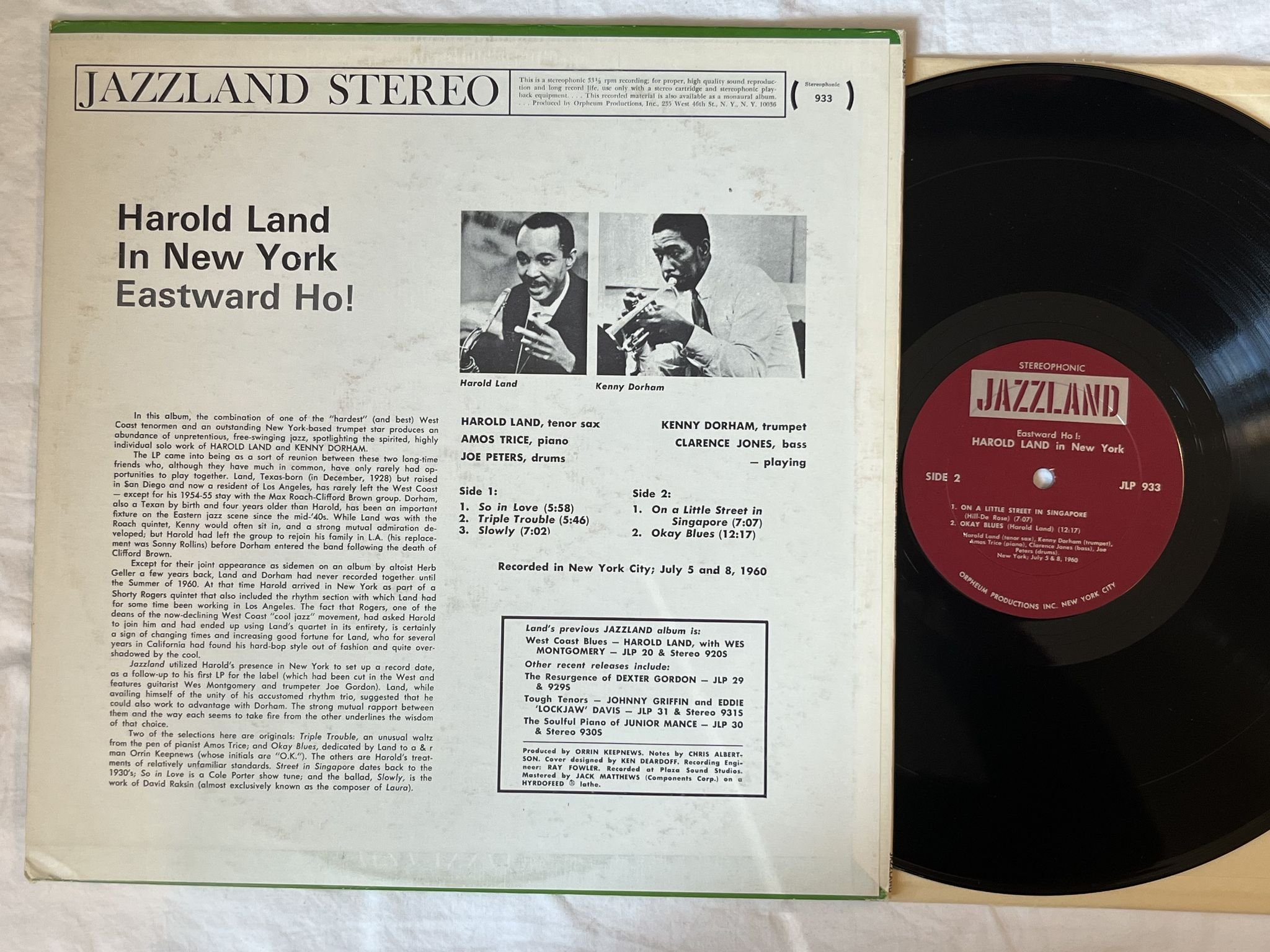 Omslagsbild för skivan HAROLD LAND in new york with kenny dorham LP-66 US JLP 933 Jazzland