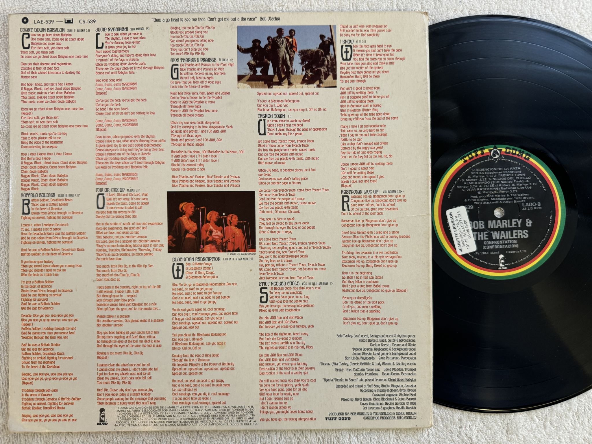 Omslagsbild för skivan BOB MARLEY & THE WAILERS confronation LP -83 LAE-539 Tuff Gong