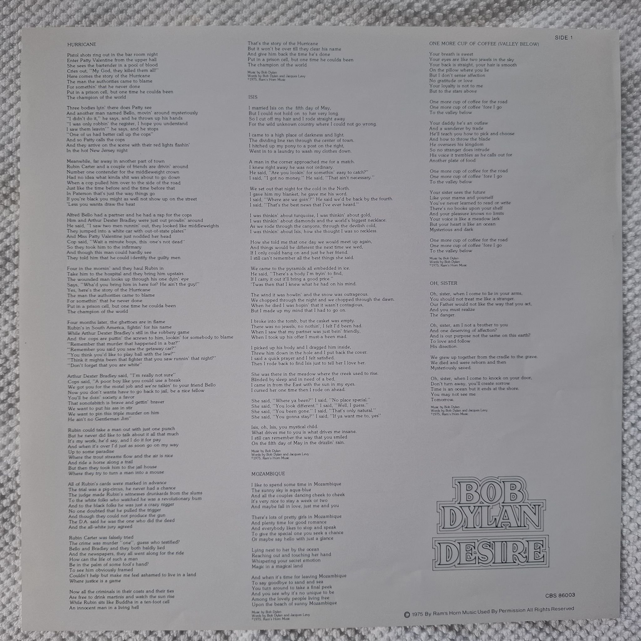 Omslagsbild för skivan BOB DYLAN desire LP -76 CBS 86003 ** one more cup of coffee **