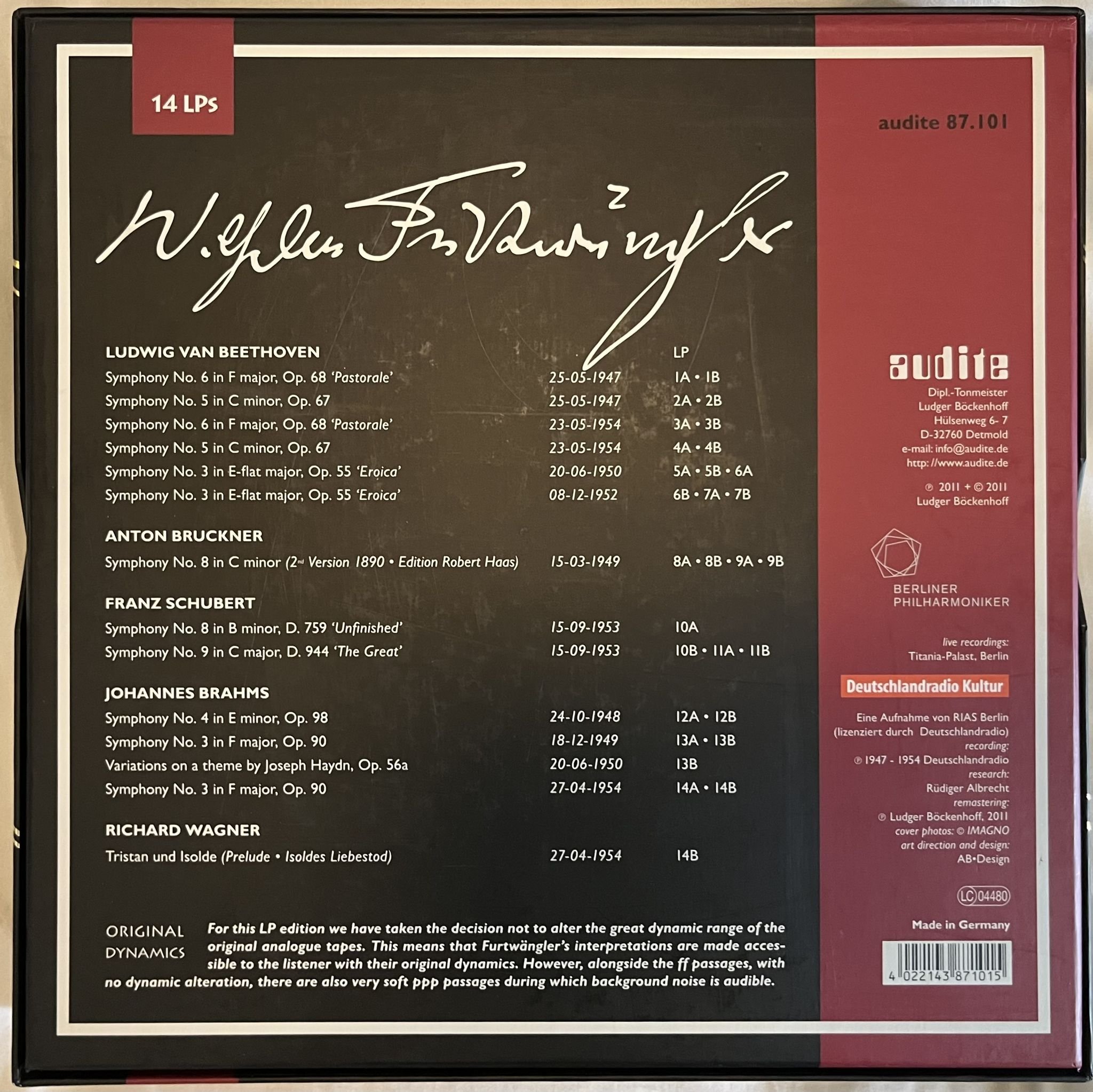 Omslagsbild för skivan FURTWÄNGLER RIAS Recordings, Live in Berlin 14xLP box 2011 AUDITE 87101