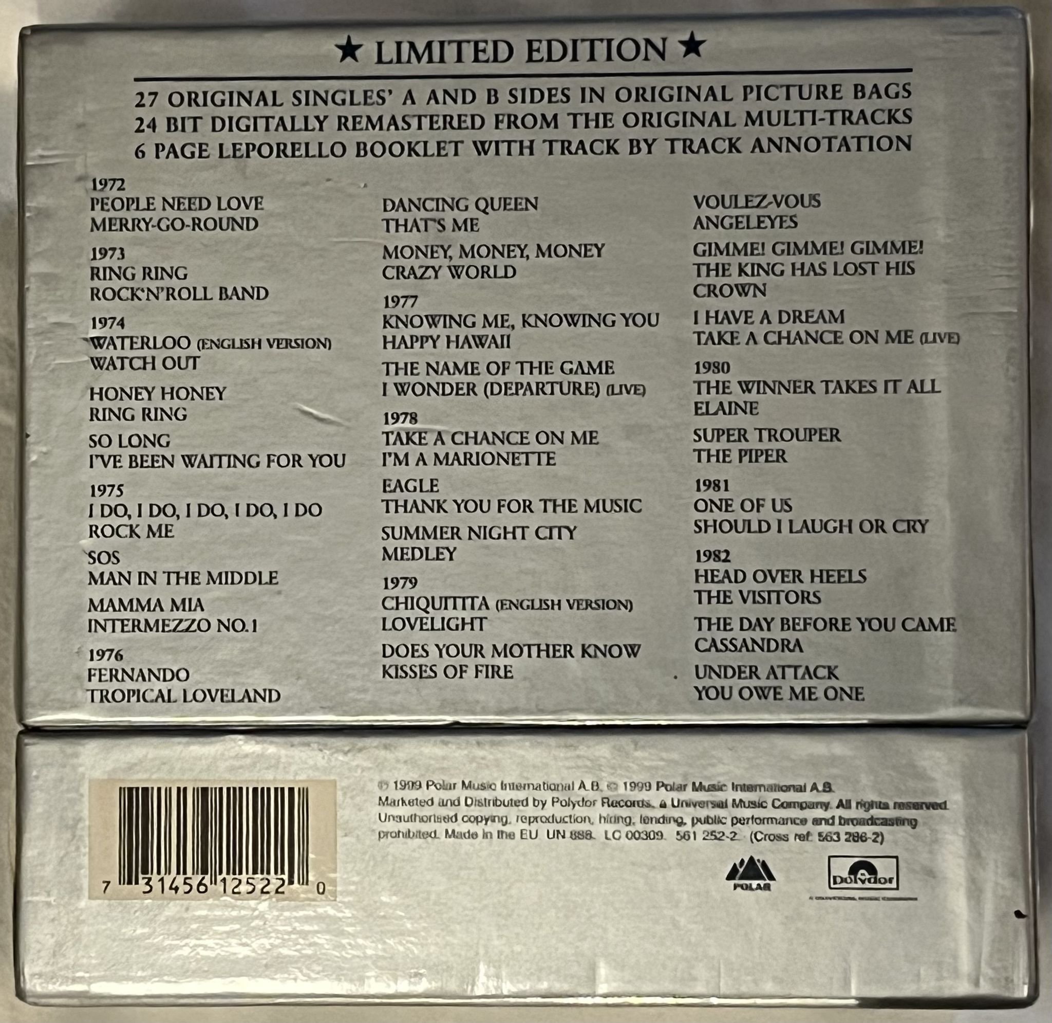 Omslagsbild för skivan ABBA – Singles Collection 1972 - 1982 27xCD BOX -99 POLAR 561 252-2