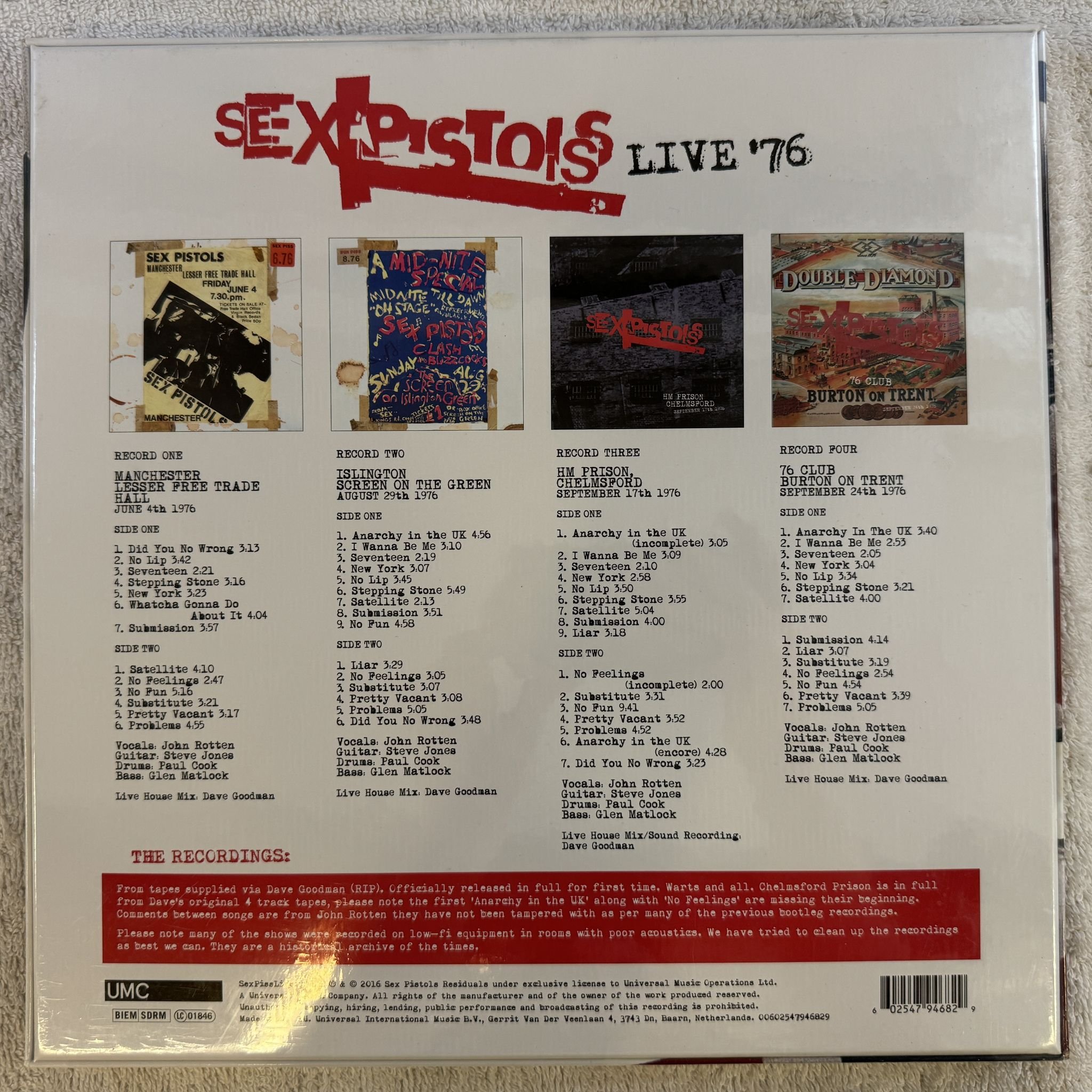 Omslagsbild för skivan Sex Pistols – Live '76 4xLP box set 2016 UMC SexPissLive1976LP