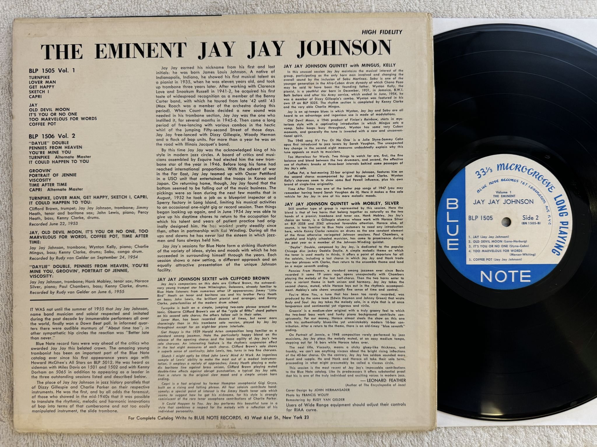 Omslagsbild för skivan JAY JAY JOHNSON The Eminent vol 1 LP US BLUE NOTE BLP 1505 LEXINGTON ADRESS