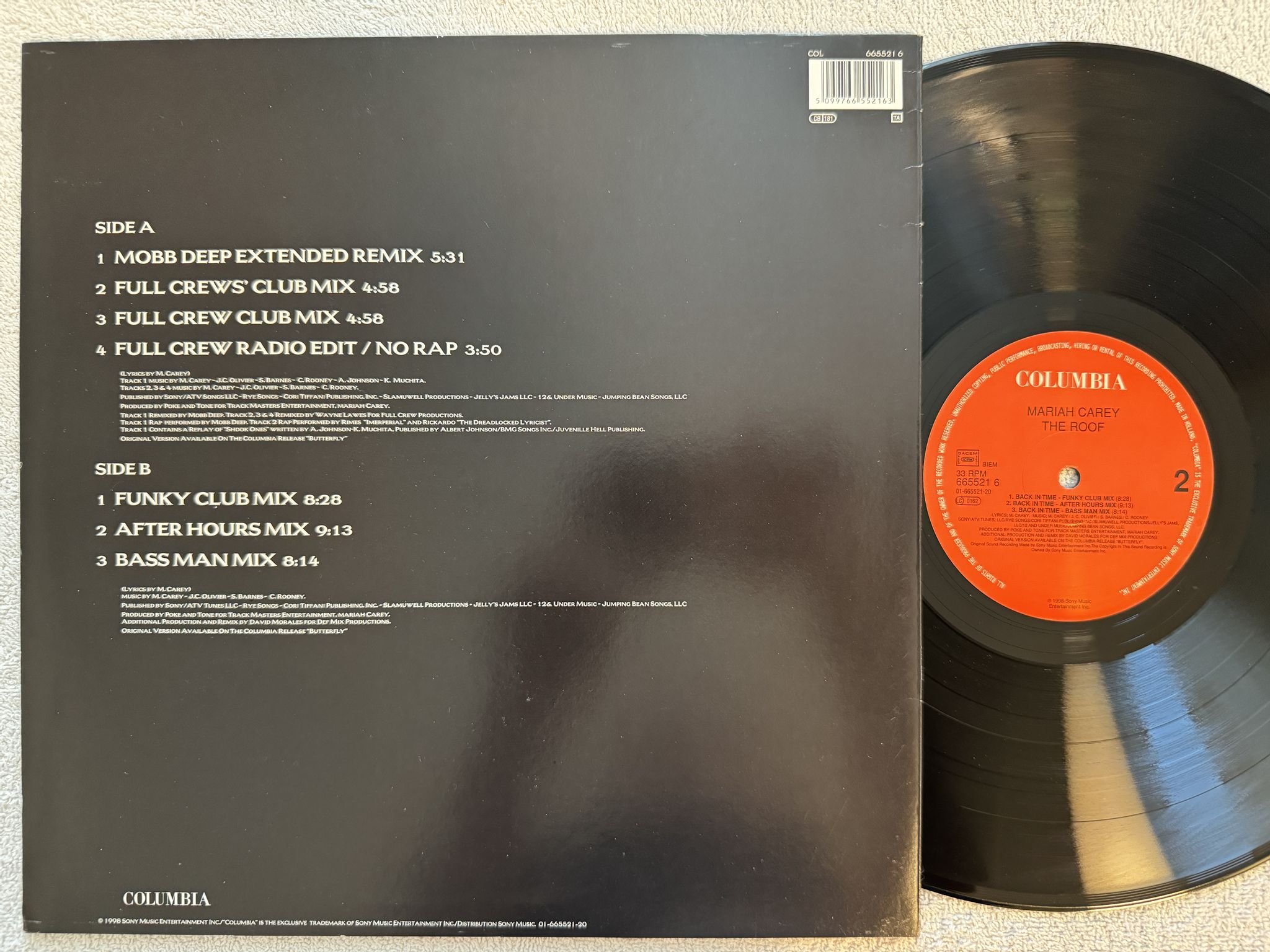 Omslagsbild för skivan MARIAH CAREY The Roof (Back In Time) 12" -98 Hol COLUMBIA 665521 6