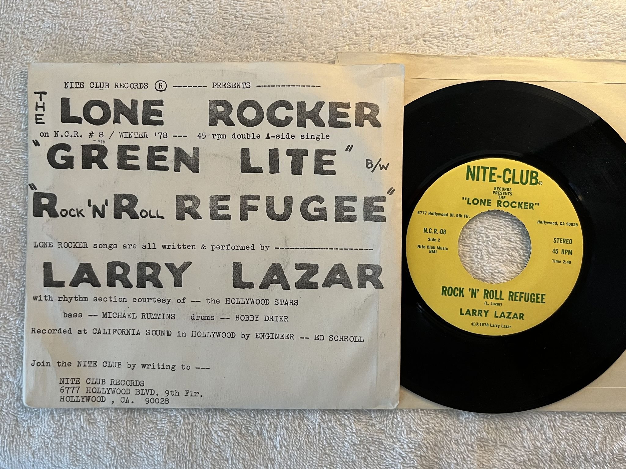 Omslagsbild för skivan THE LONE ROCKER Green Lite 7"single -78 US NITE CLUB NCR 08 *** Rare punk ***