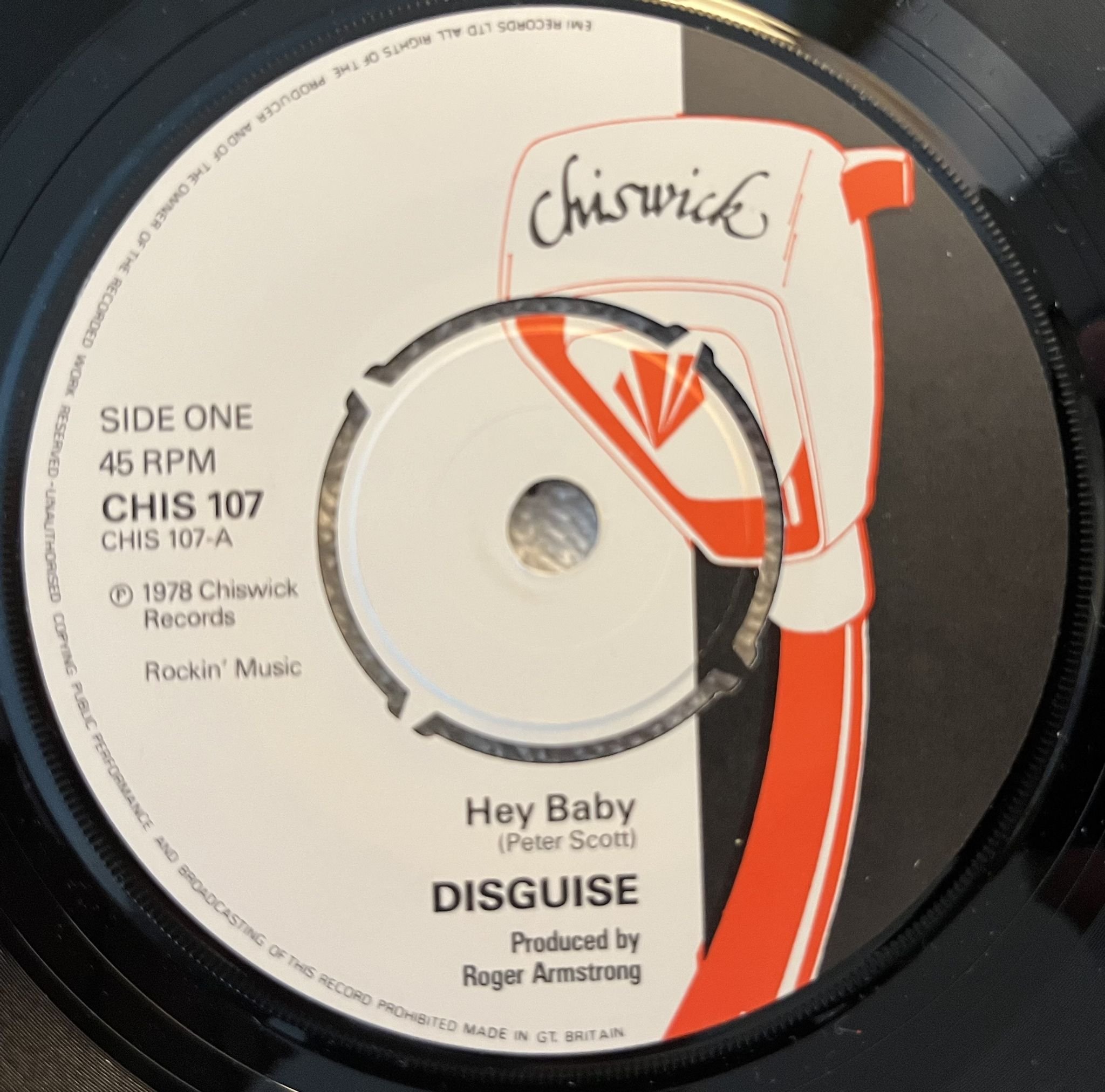 Omslagsbild för skivan DISGUISE hey baby 7" UK -78 CHISWICK CHIS 107 ** POWER POP 45 **