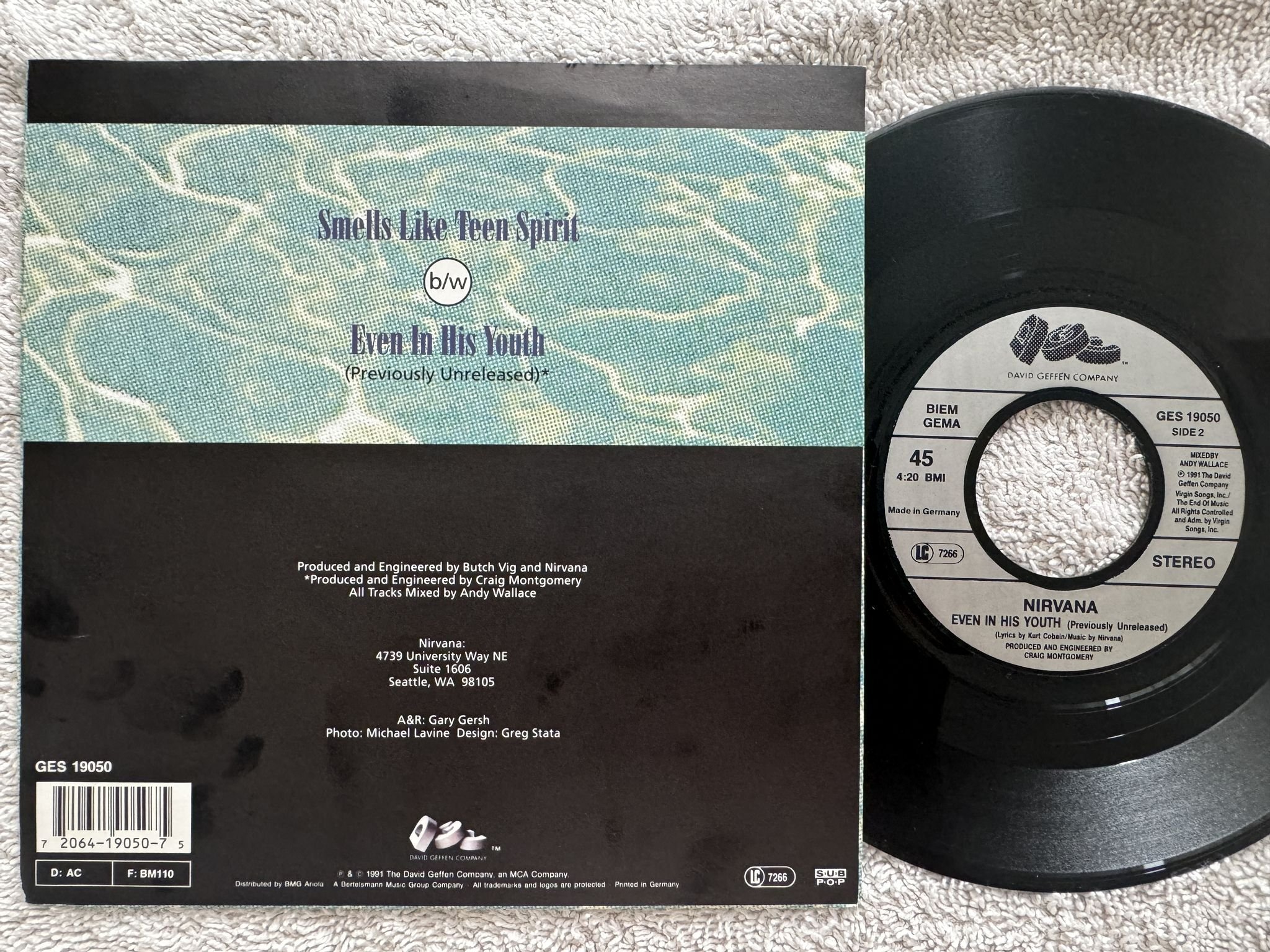 Omslagsbild för skivan NIRVANA smells like teen spirit 7" -91 DGC GES 19050 *** CLASSIC ***