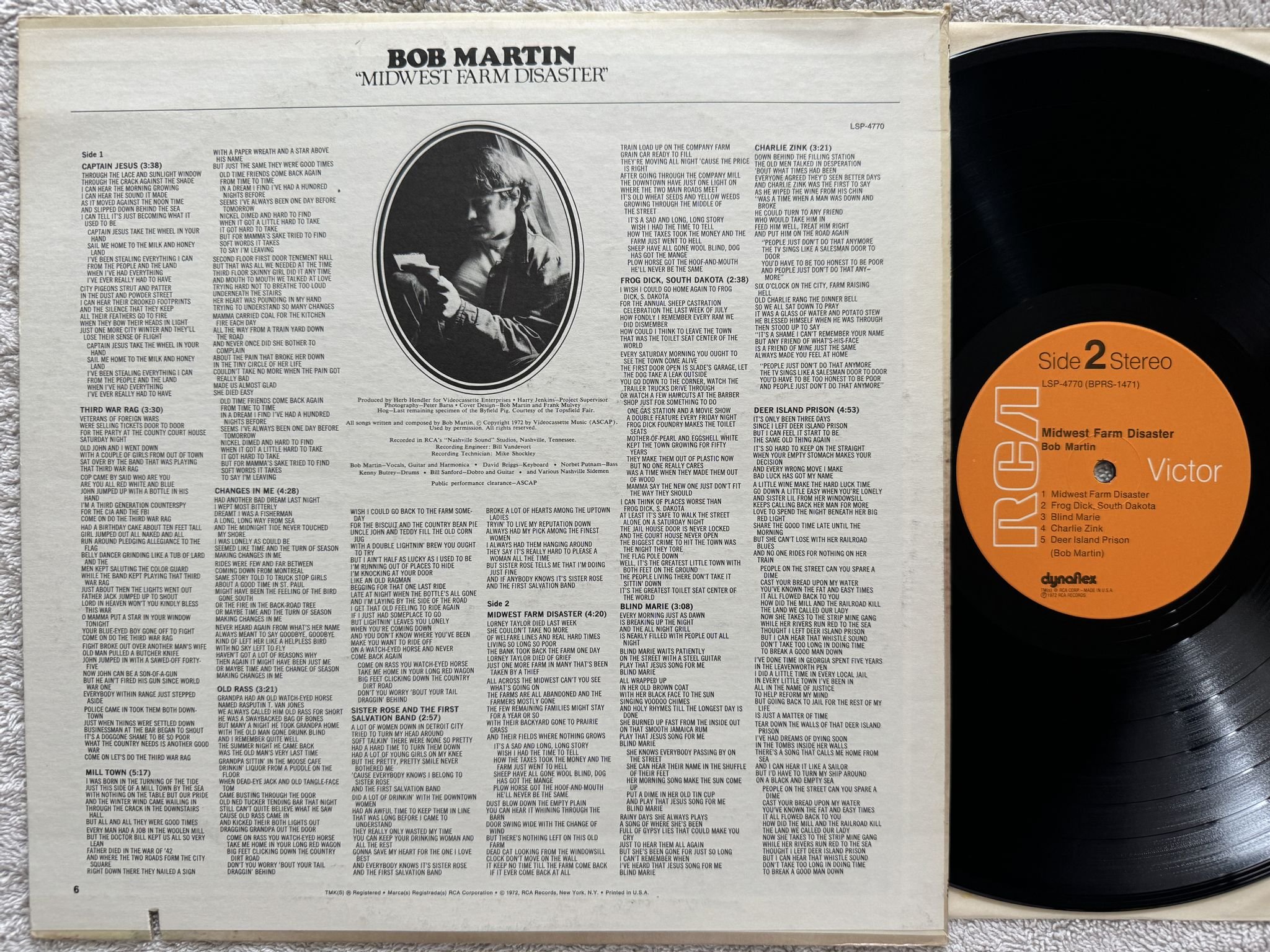 Omslagsbild för skivan BOB MARTIN Midwest Farm Disaster LP -72 US RCA LSP 4770 ** Folk Rock **