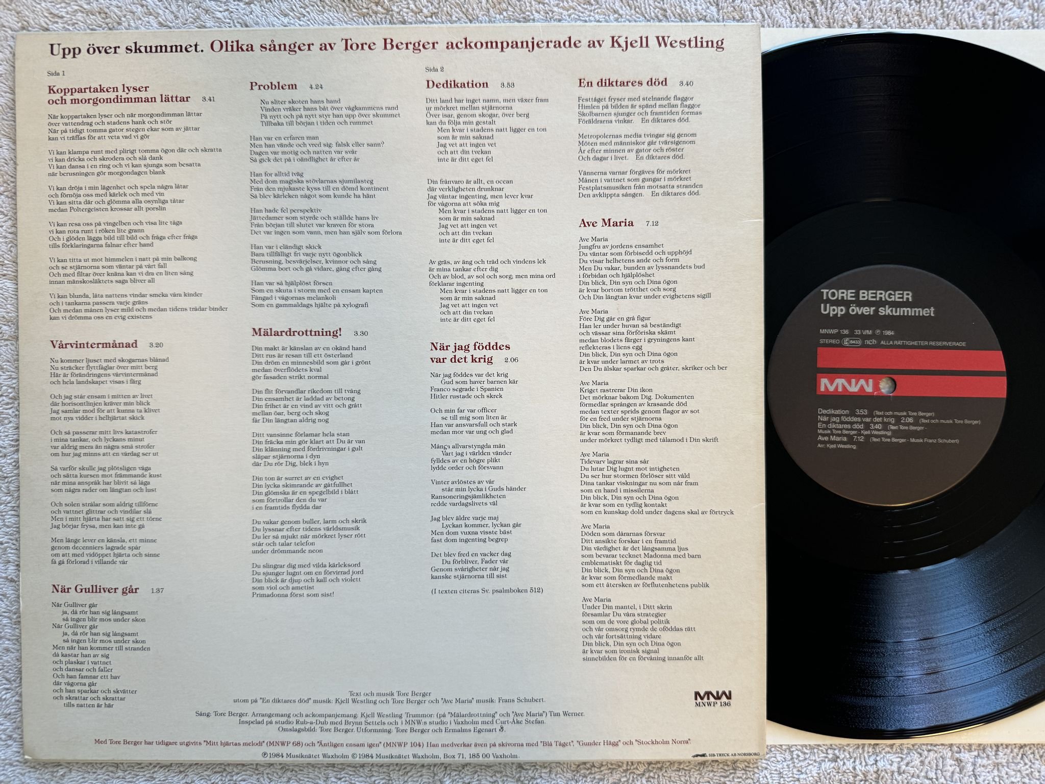 Omslagsbild för skivan TORE BERGER Upp Över Skummet LP -84 MNW MNWP 136