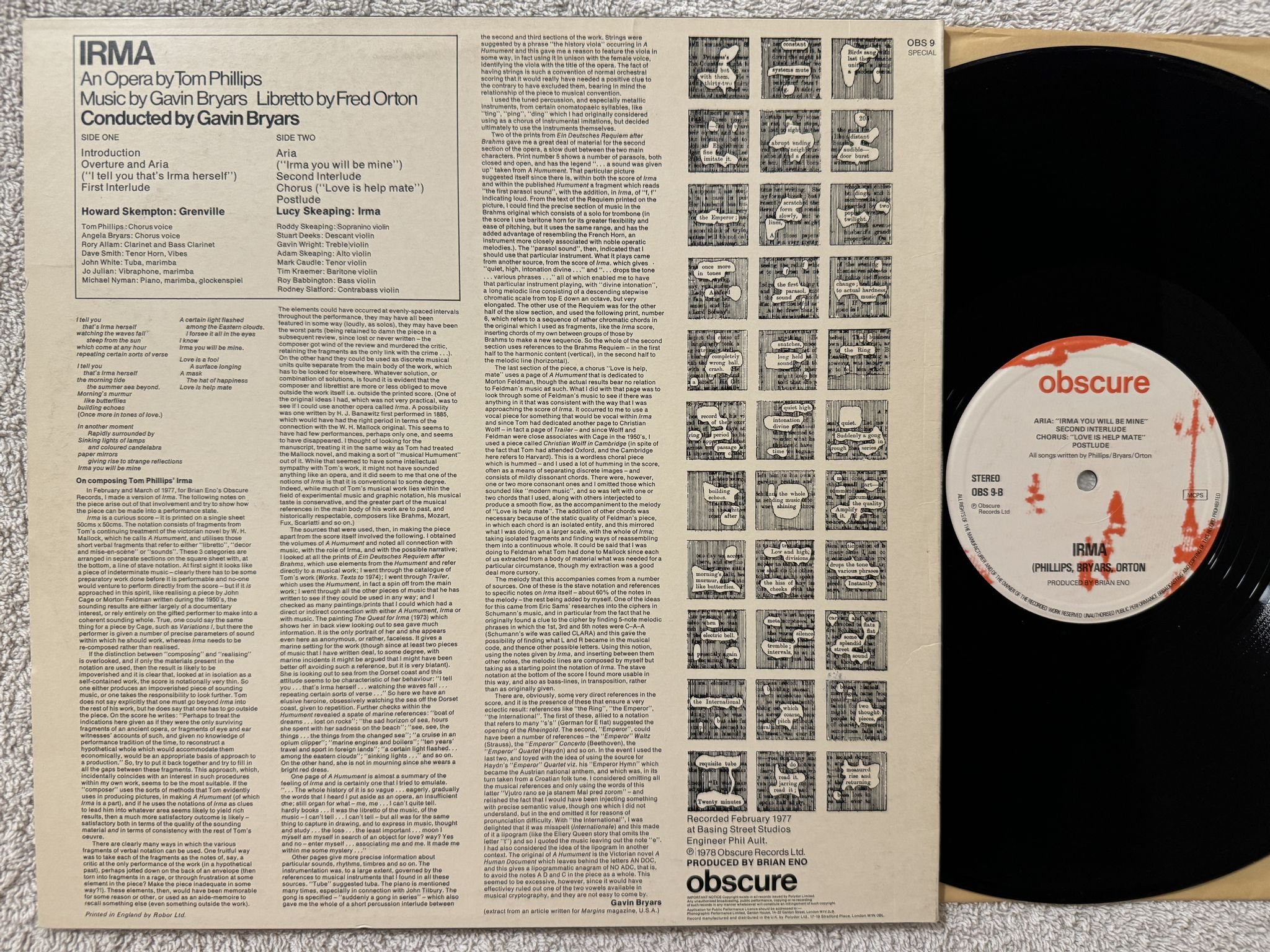 Omslagsbild för skivan Tom Phillips / Gavin Bryars / Fred Orton - IRMA LP -78 UK OBSCURE OBS 9