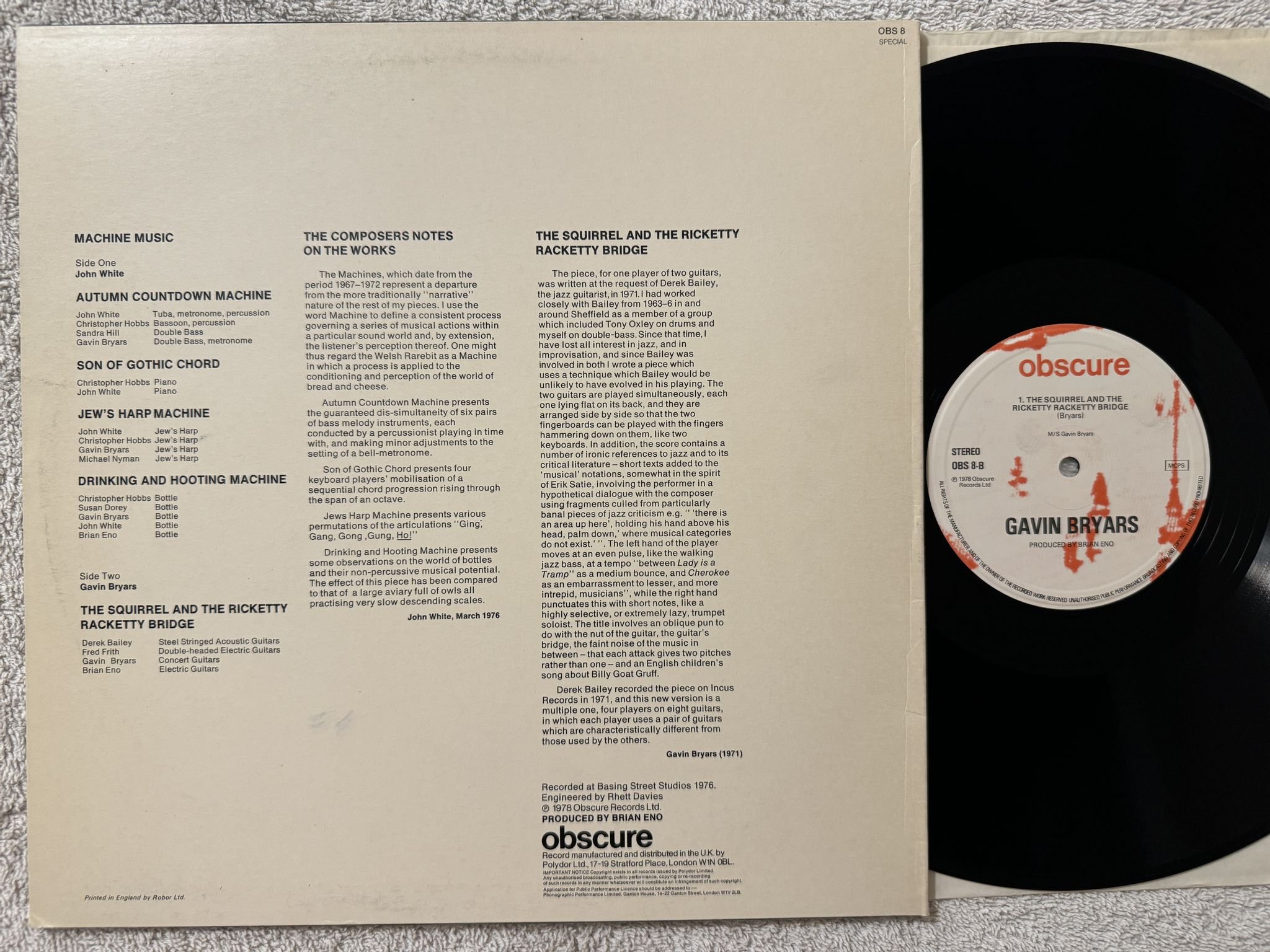 Omslagsbild för skivan John White / Gavin Bryars – Machine Music LP -78 UK OBSCURE 8