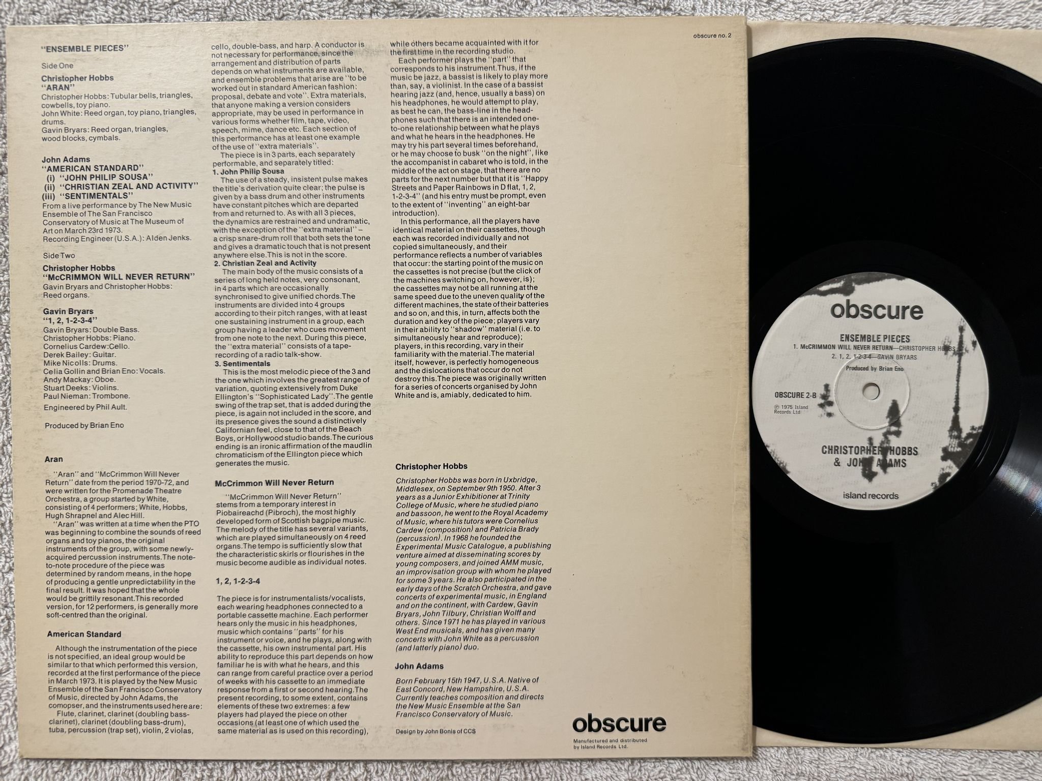 Omslagsbild för skivan Christopher Hobbs, John Adams, Gavin Bryars ensemble Pieces LP -75 UK OBSCURE