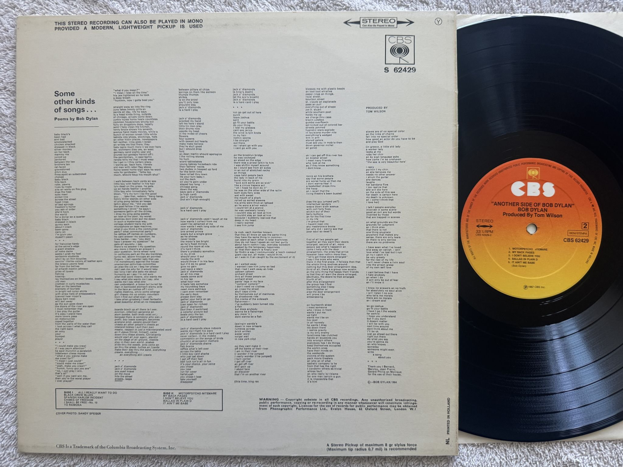 Omslagsbild för skivan BOB DYLAN another side of Bob Dylan LP re Hol CBS 62429