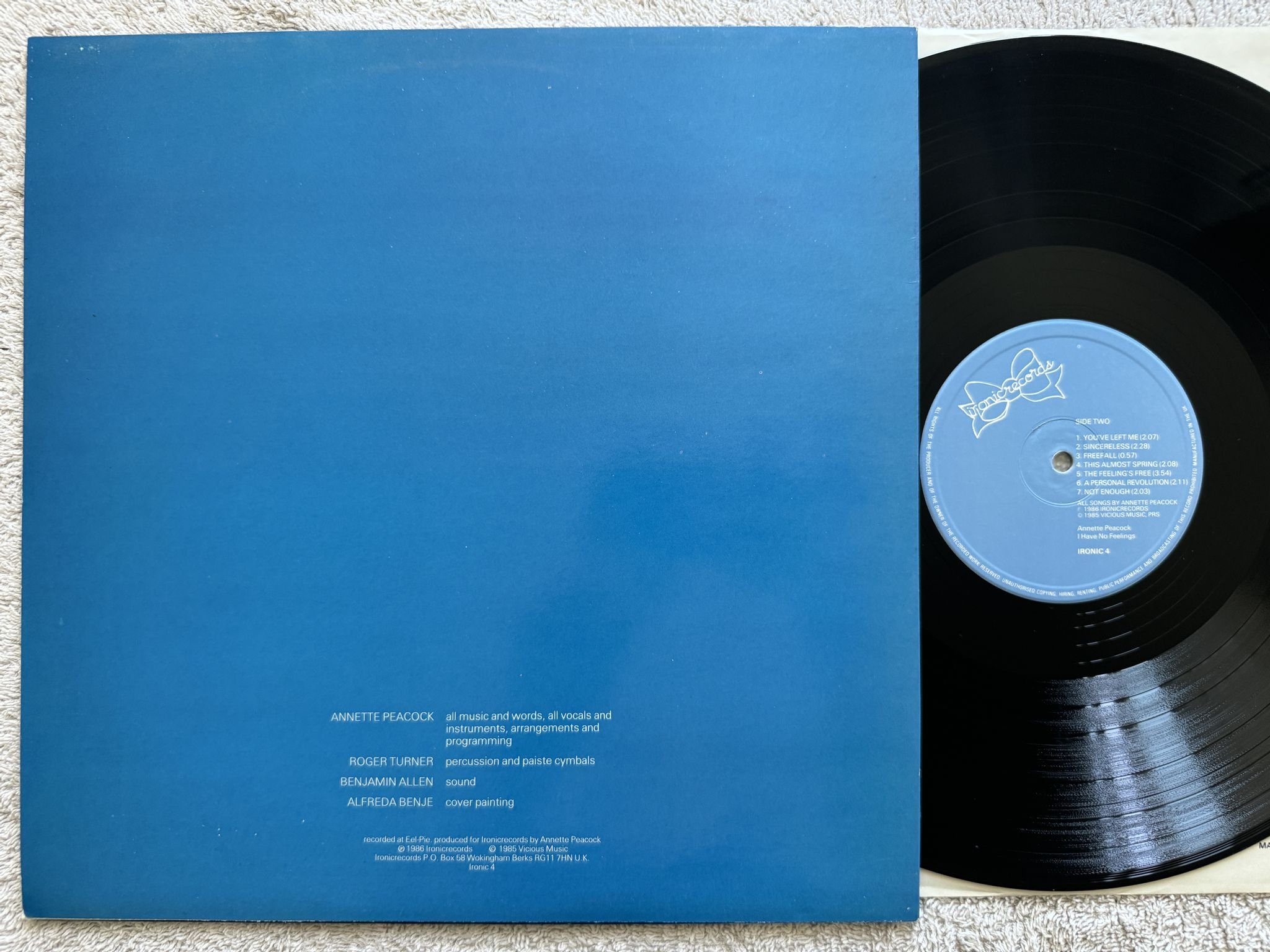 Omslagsbild för skivan ANNETTE PEACOCK I Have No Feelings LP -86 UK IRONIC 4