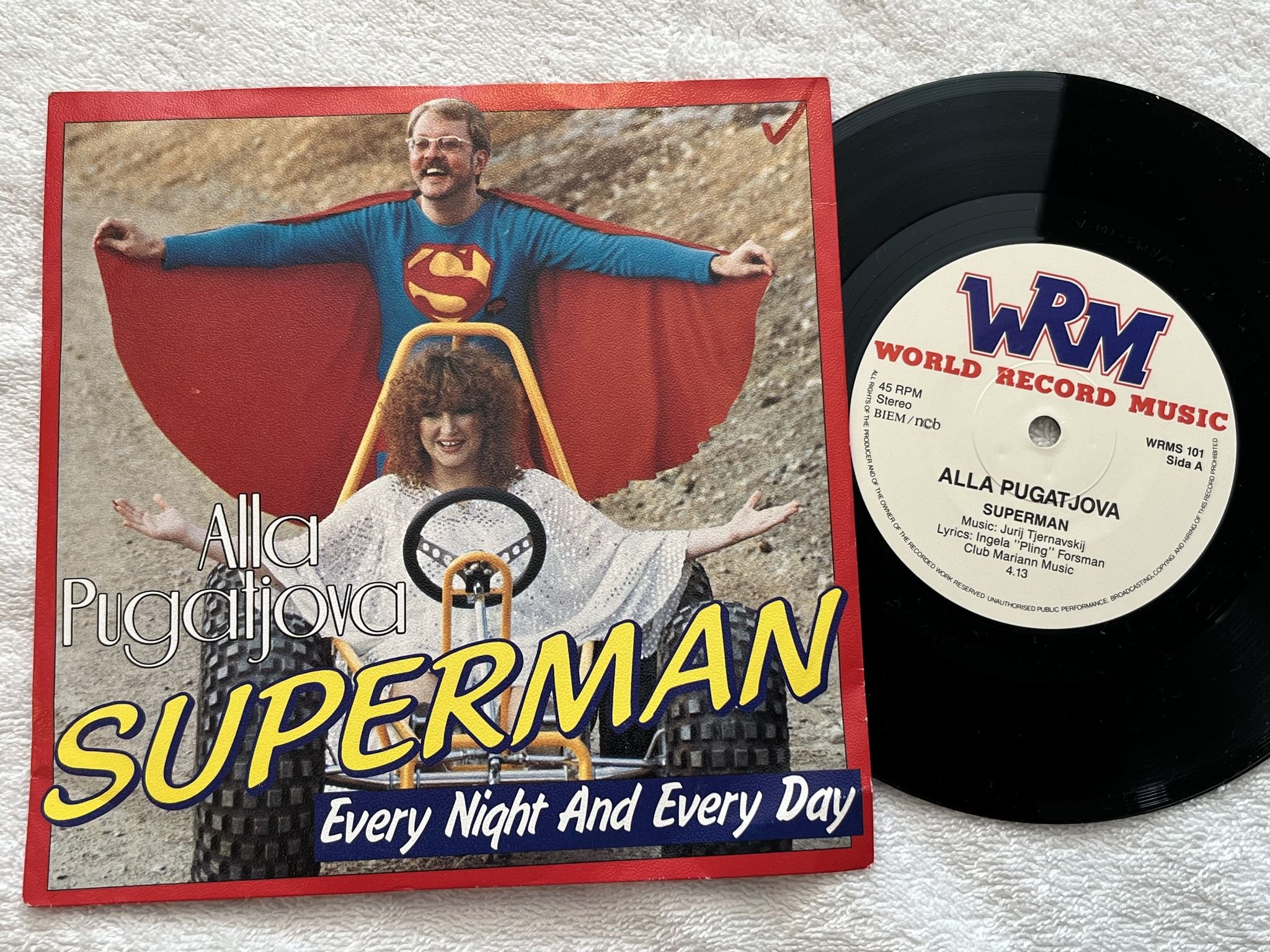 Omslagsbild för skivan ALLA PUGATJOVA superman 7" -85 Swe WORLD RECORD MUSIC WEMS 101