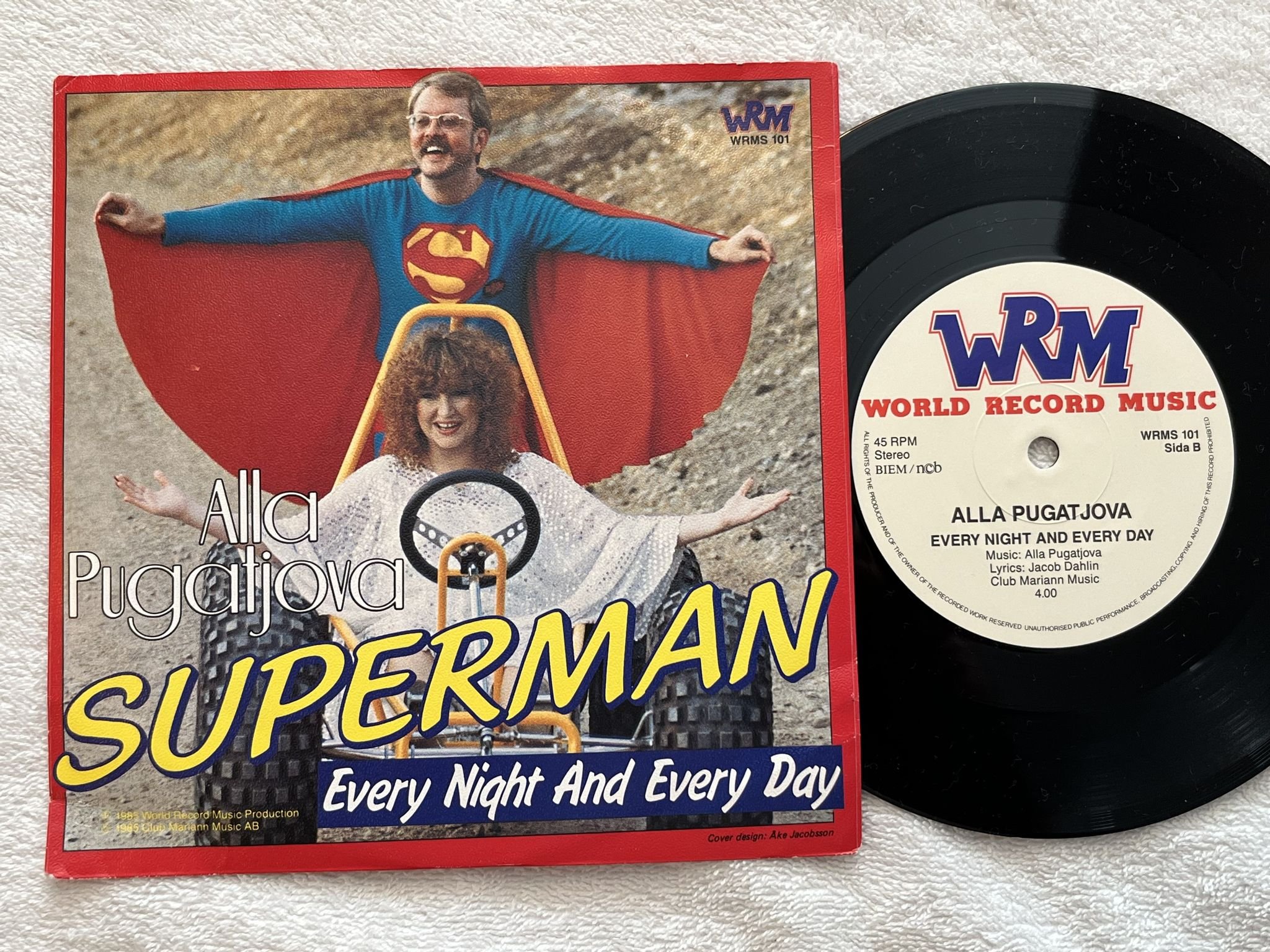 Omslagsbild för skivan ALLA PUGATJOVA superman 7" -85 Swe WORLD RECORD MUSIC WEMS 101