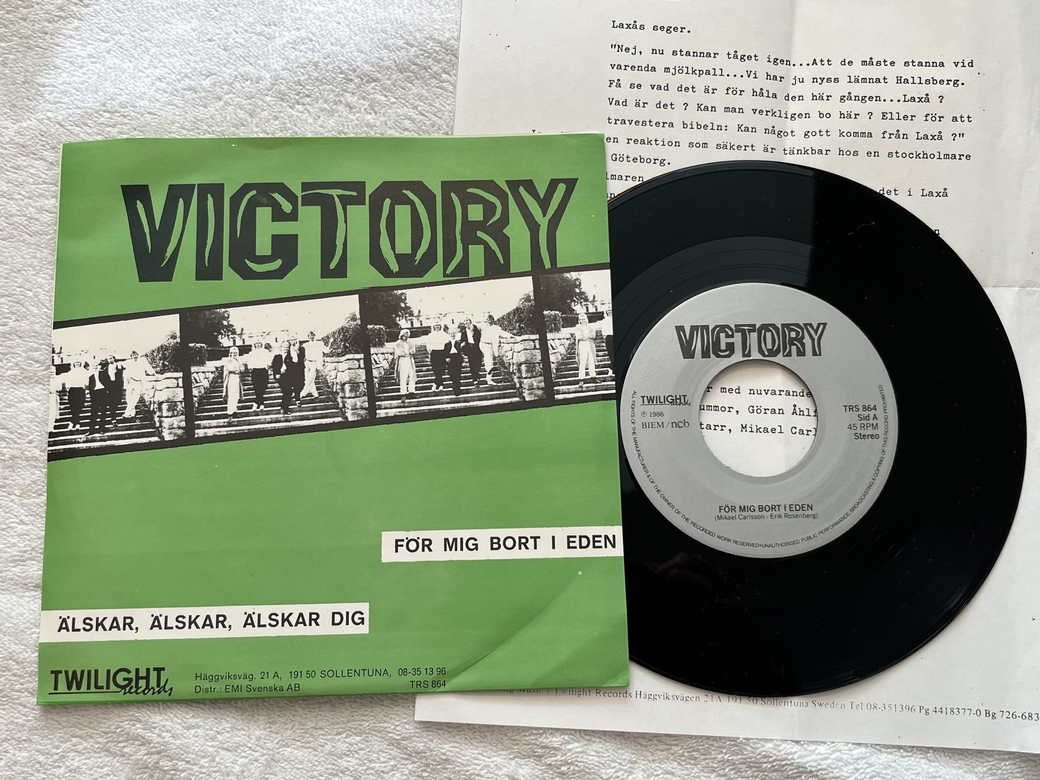 Omslagsbild för skivan VICTORY för mig bort i eden 7" -86 Swe TWILIGHT RECORDS TRS 864