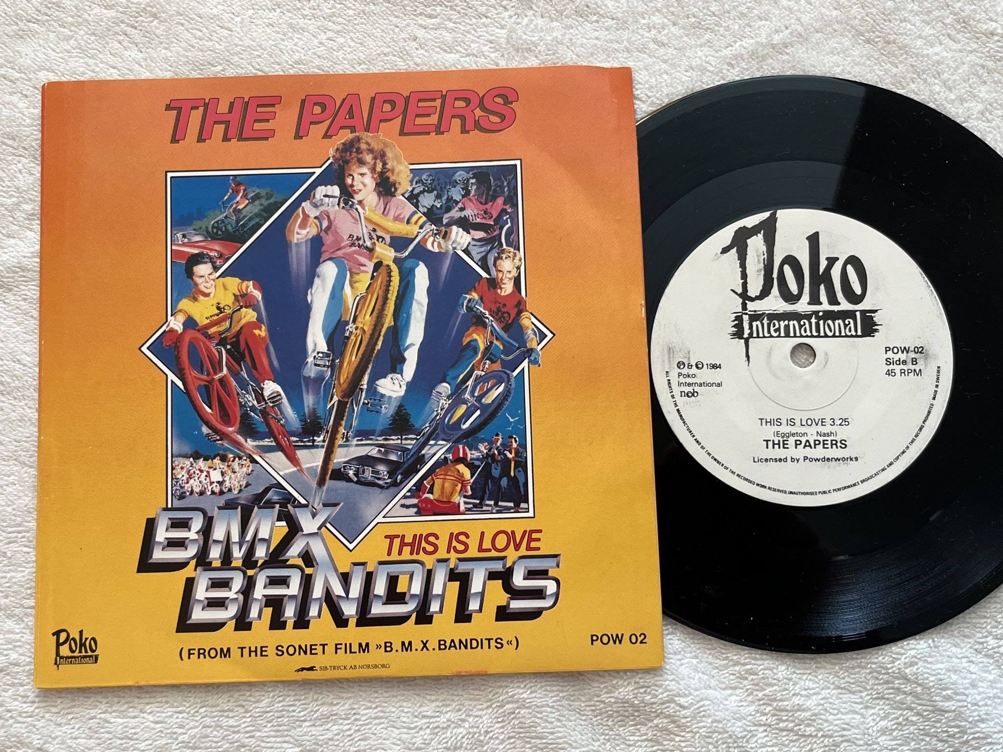Omslagsbild för skivan THE PAPERS b.m.x. bandits 7" -84 ncb POKO POW-02