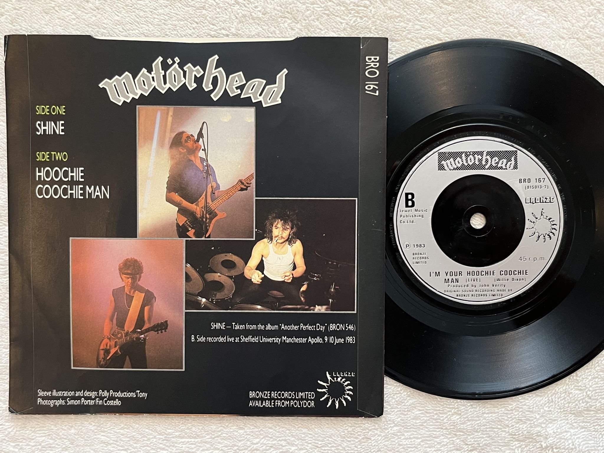 Omslagsbild för skivan MOTÖRHEAD shine 7" -83 BRONZE BRO 167*** Hard rock ***