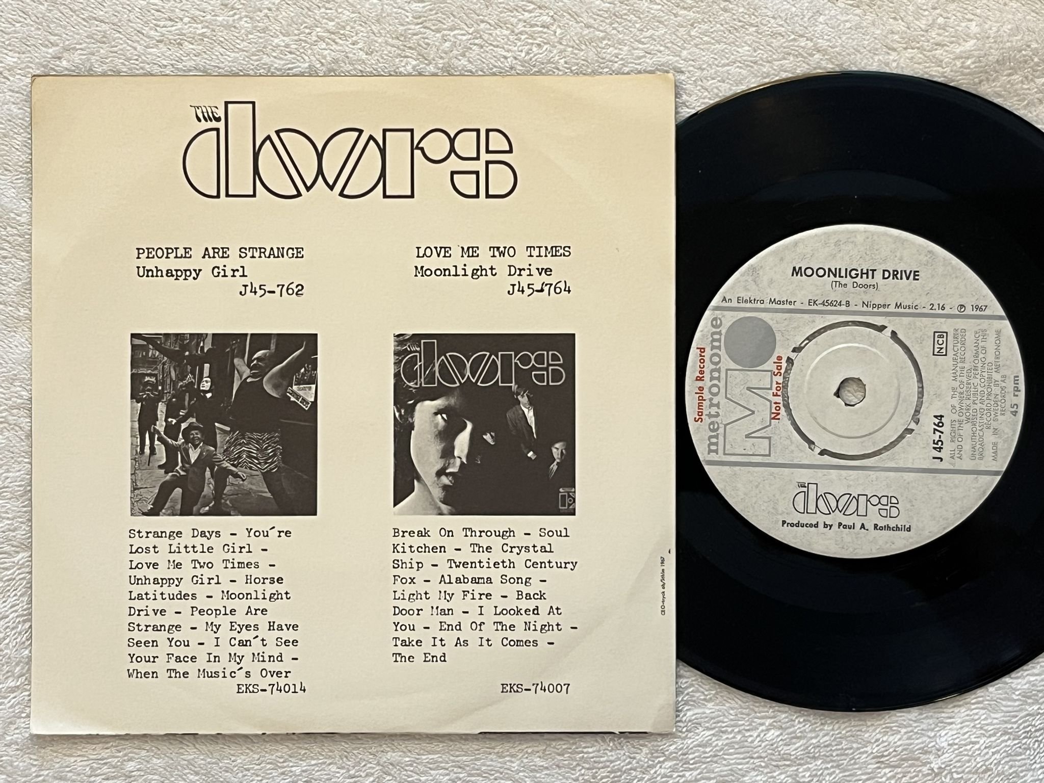 Omslagsbild för skivan THE DOORS love me two times 7" -67 Swe METRONOME J 45-764 *** Sample copy ***