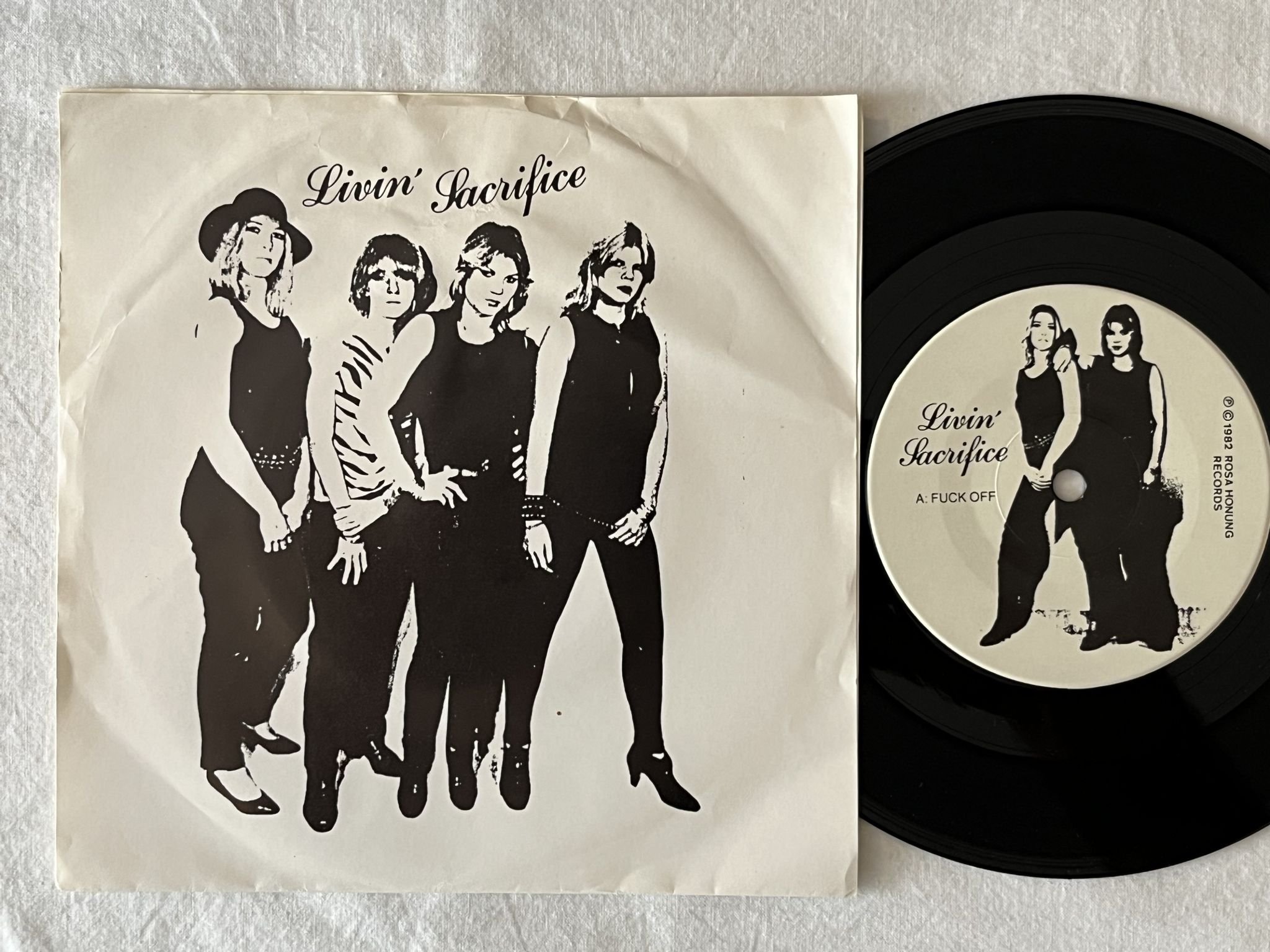 Omslagsbild för skivan LIVIN' SACRIFICE Fuck Off / Rocker 7" -82 Swe ROSA HONUNG ROSA 6-SP