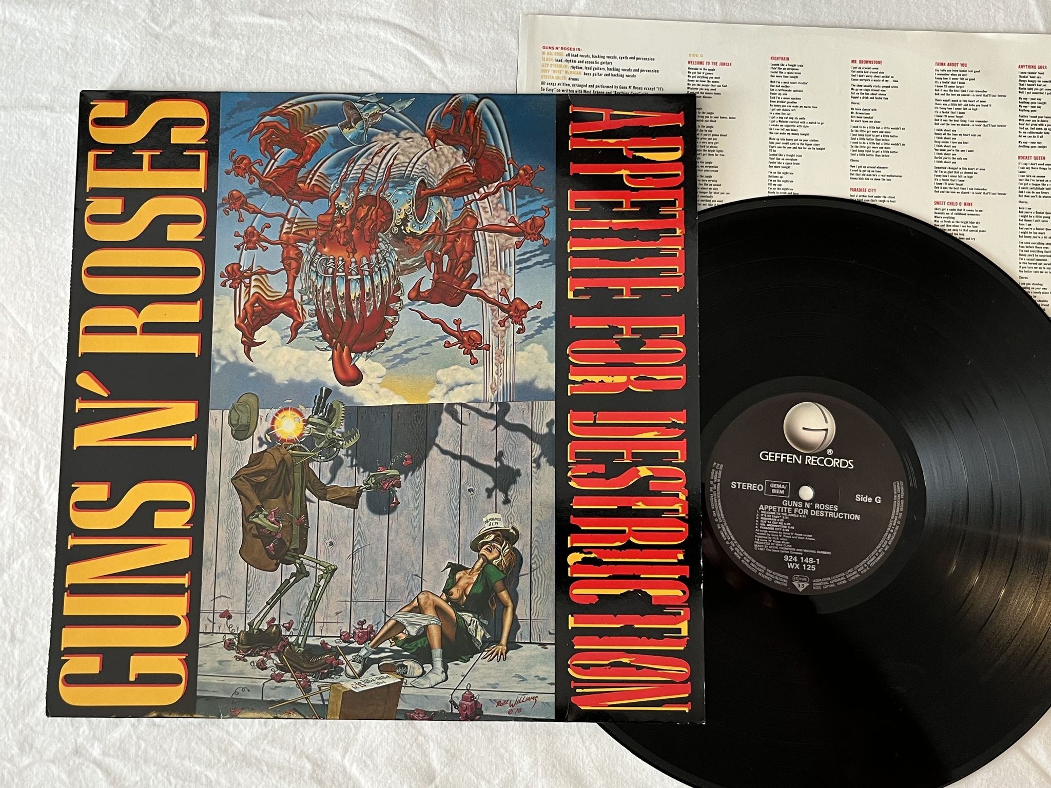Omslagsbild för skivan GUNS N ROSES appetite for destruction LP -87 Ger GEFFEN 924 148-1 ** CLASSIC **