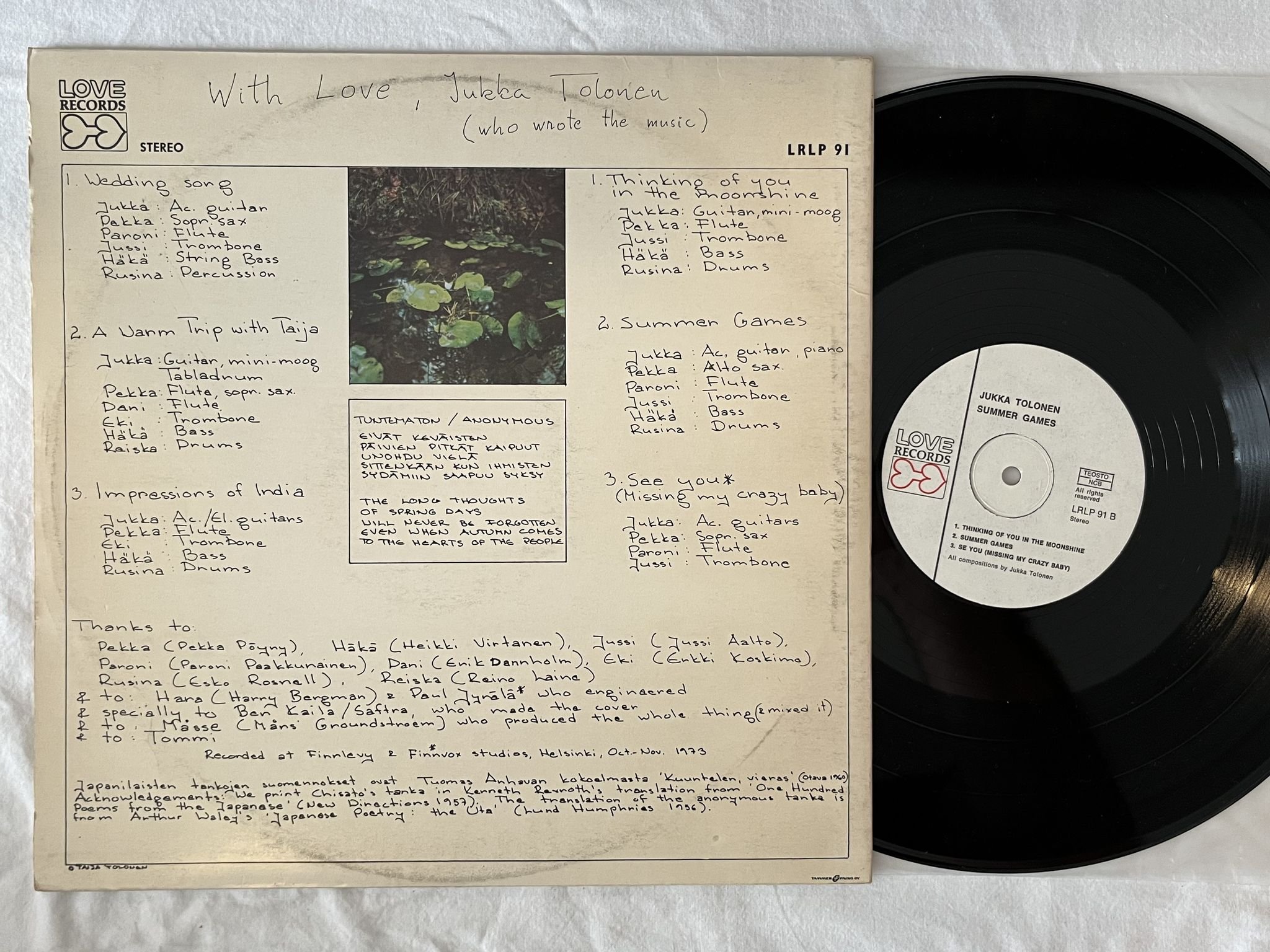 Omslagsbild för skivan JUKKA TOLONEN summer games LP -73 Finland LOVE LRLP 91 ** JAZZ ROCK **