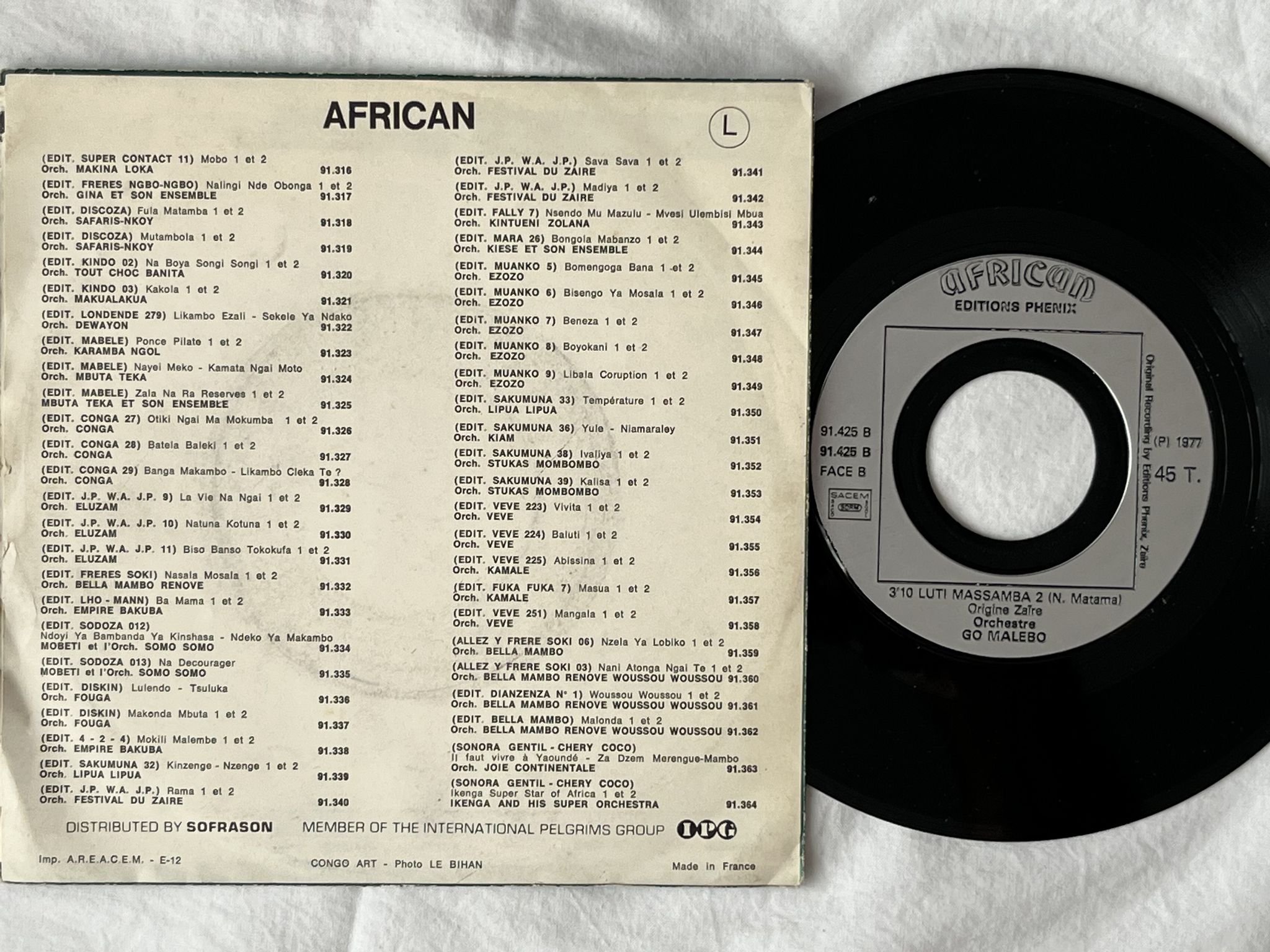 Omslagsbild för skivan Orchestre G.O Malebo – Luti Massamba 1 & 2 7" Fra -77 AFRICAN 91425 afro funk