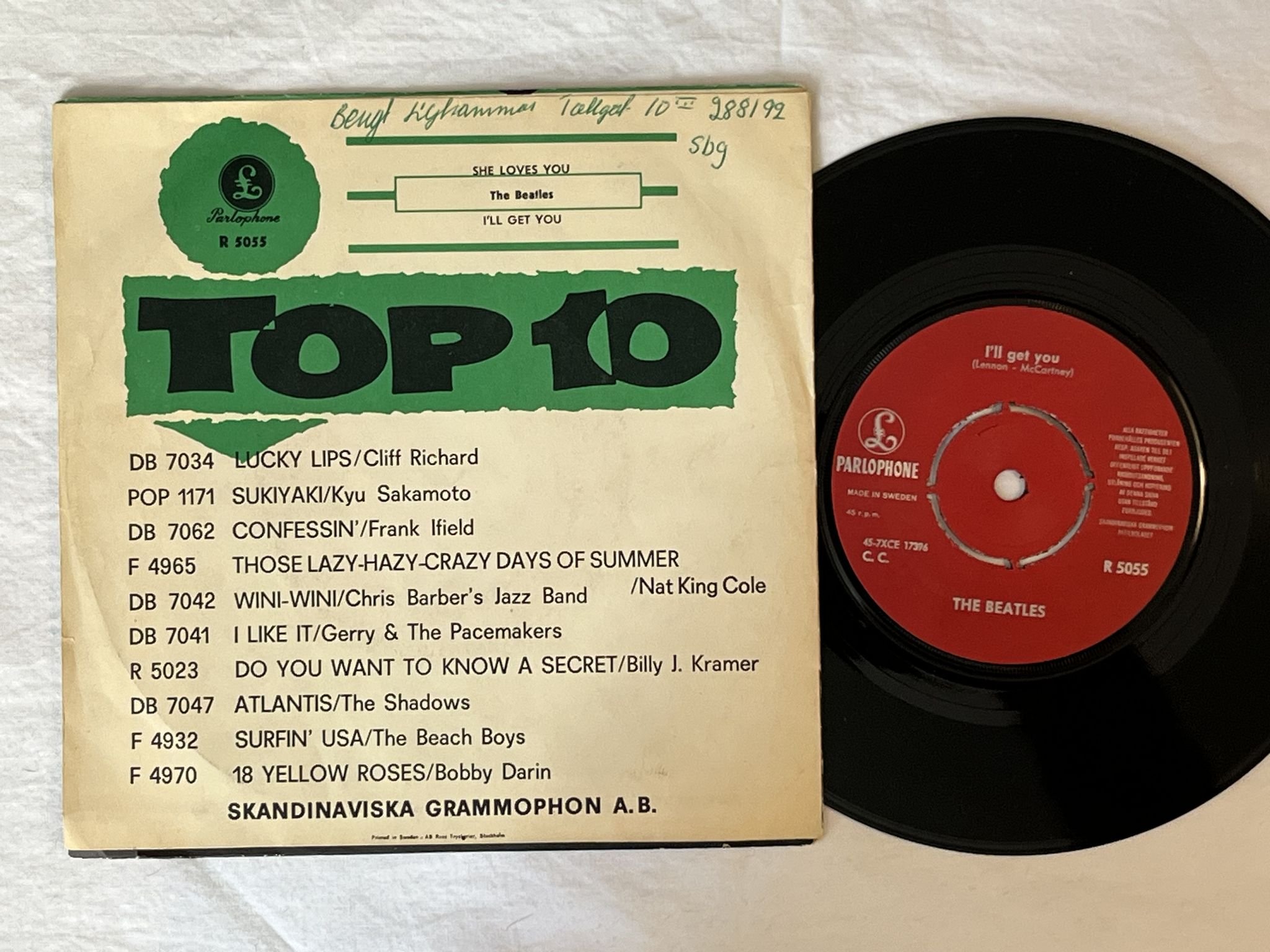 Omslagsbild för skivan THE BEATLES she loves you 7" -63 Swe PARLOPHONE R 5055