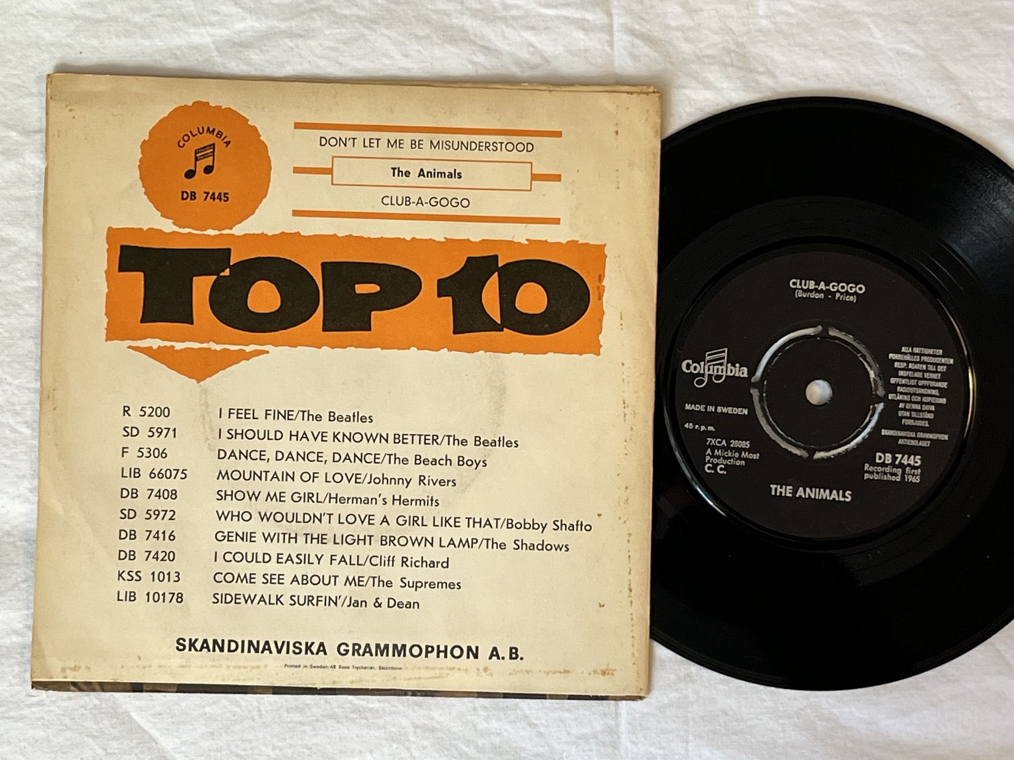 Omslagsbild för skivan ANIMALS don't let me be misunderstood 7" -65 Swe COLUMBIA DB 7445
