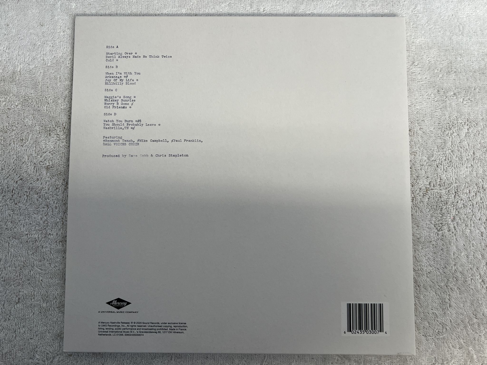 Omslagsbild för skivan CHRIS STAPLETON Starting Over 2xLP 2020 MERCURY NASHVILLE 00602435030074