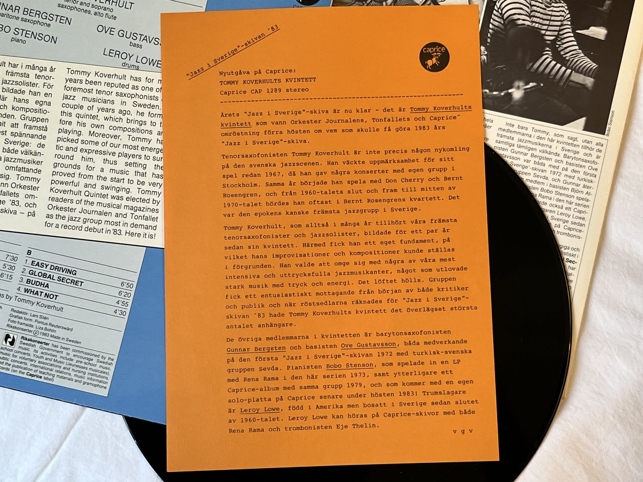 Omslagsbild för skivan TOMMY KOVERHULTS KVINTETT LP -83 CAPRICE CAP 1289 *** SUPERB ALBUM ***