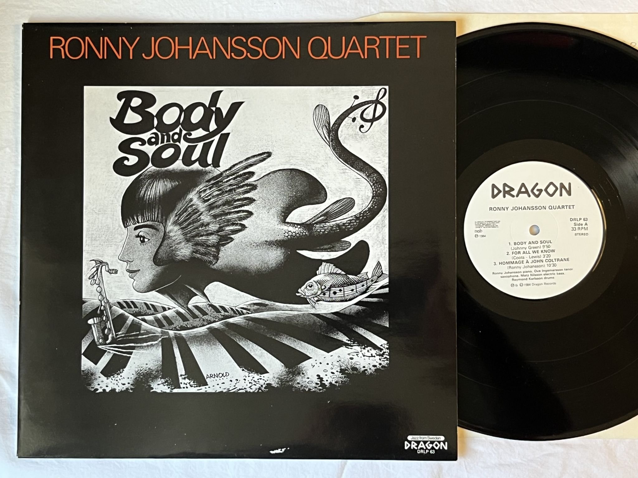 Omslagsbild för skivan RONNY JOHANSSON QUARTET body and soul LP -84 Swe DRLP 63 * Hans Arnold cover *