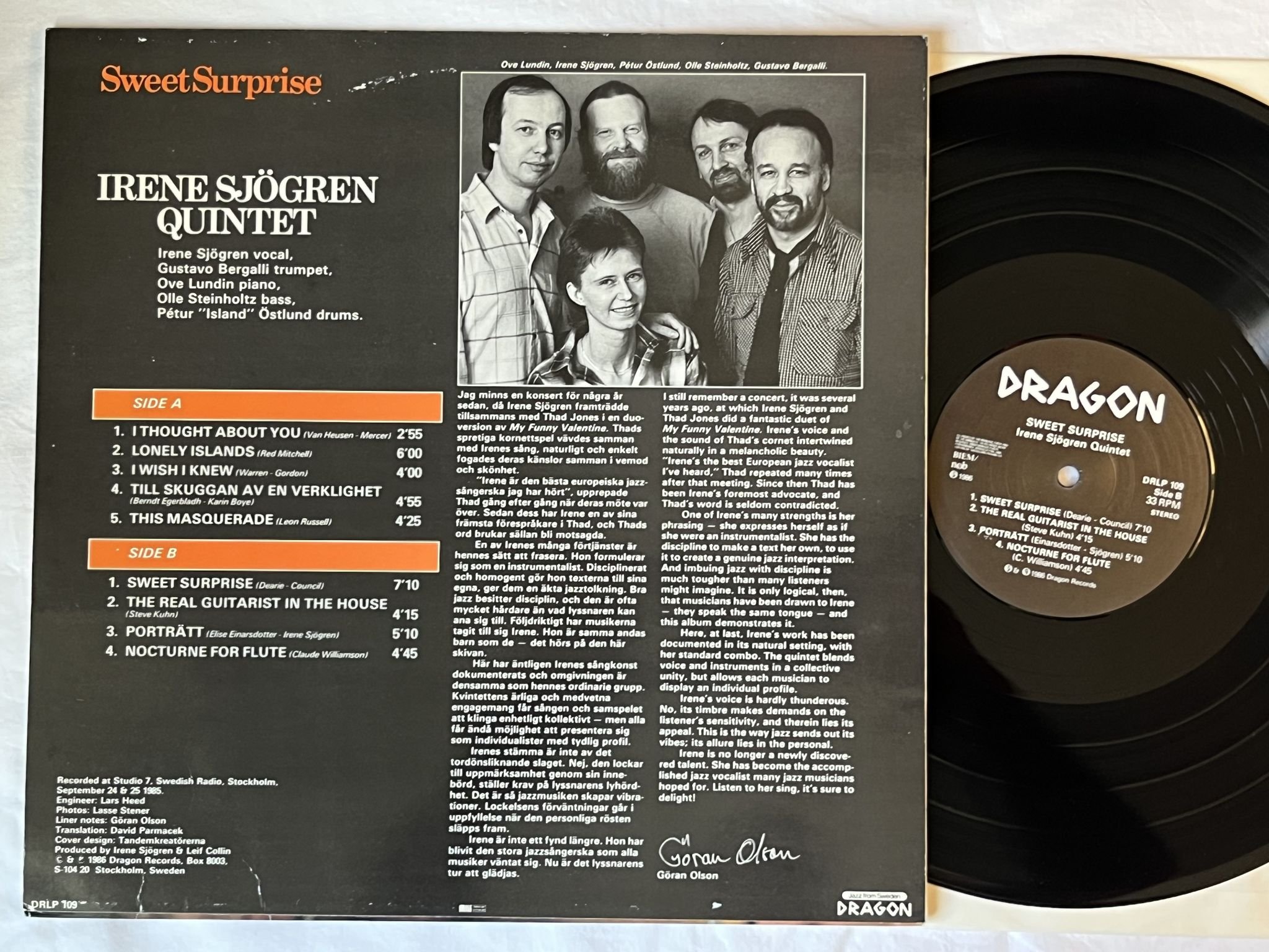Omslagsbild för skivan IRENE SJÖGREN QUINTET sweet surprise LP -86 DRAGON DRLP 109