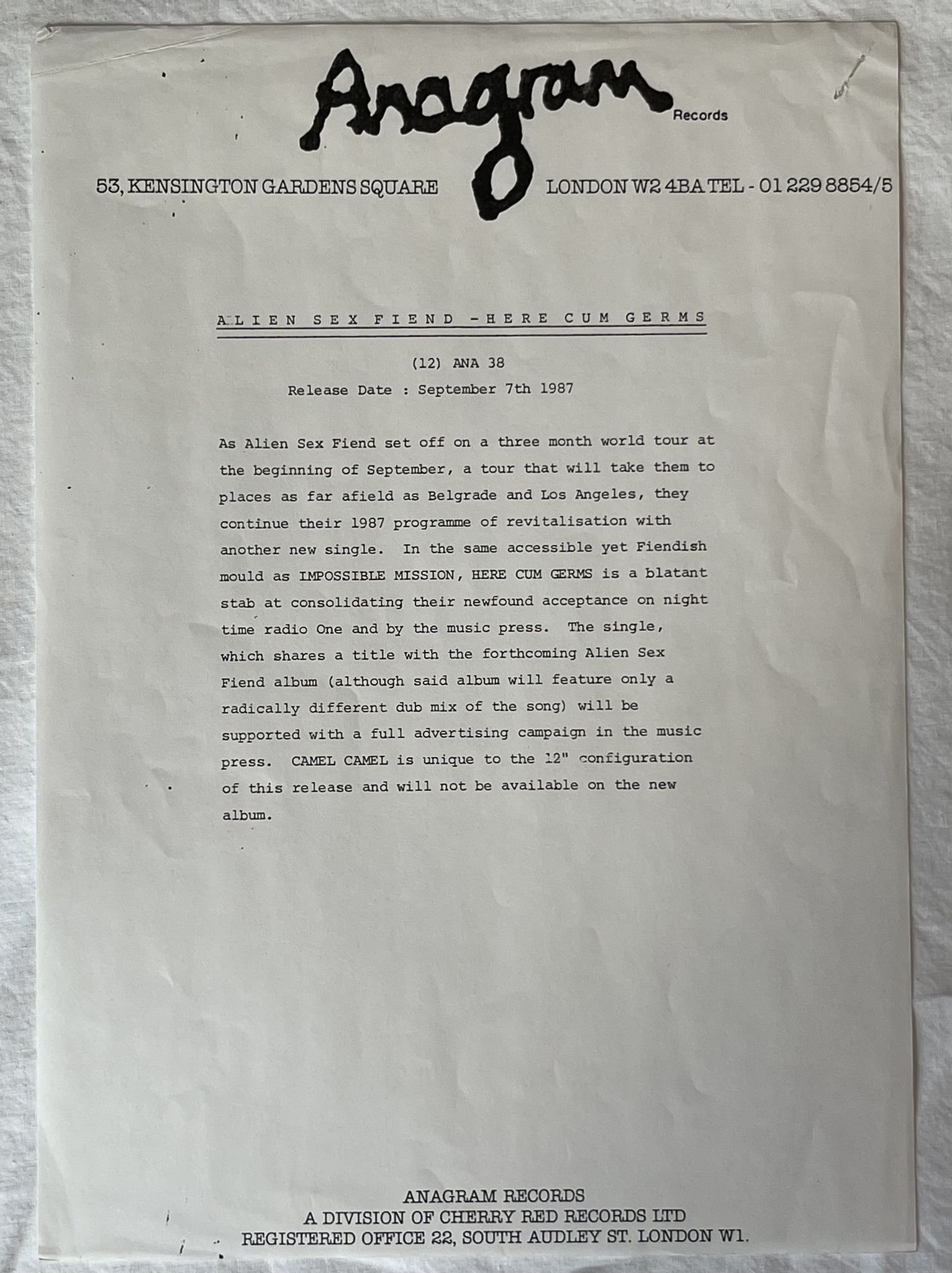 Omslagsbild för skivan ALIEN SEX FIEND here cum germs LP -87 UK ANAGRAM 12 ANA 38 ** Test Pressing **