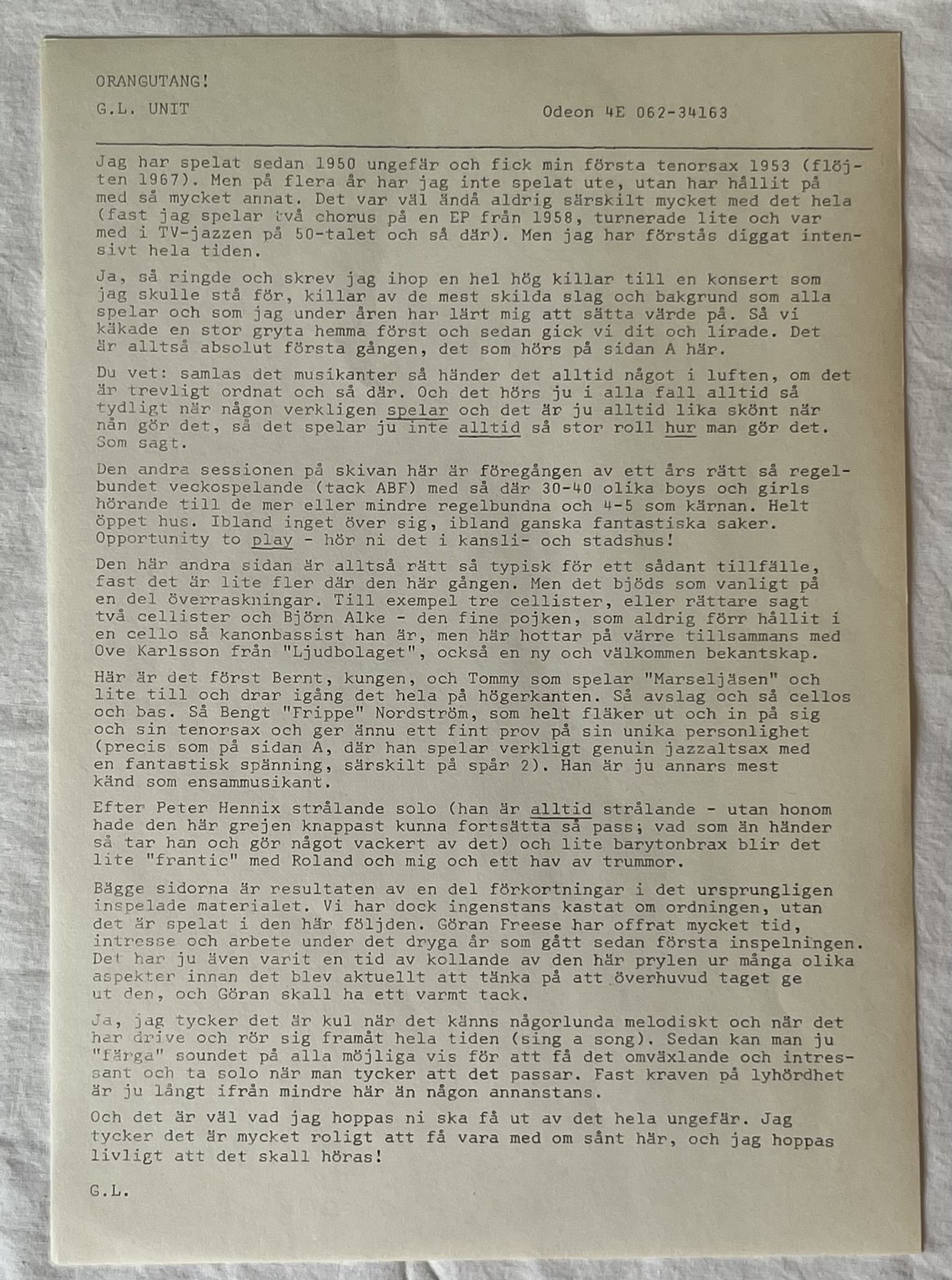 Omslagsbild för skivan G.L. UNIT orangutang ! LP -70 ODEON 4E 062-34163 *** RARE FREE JAZZ ***