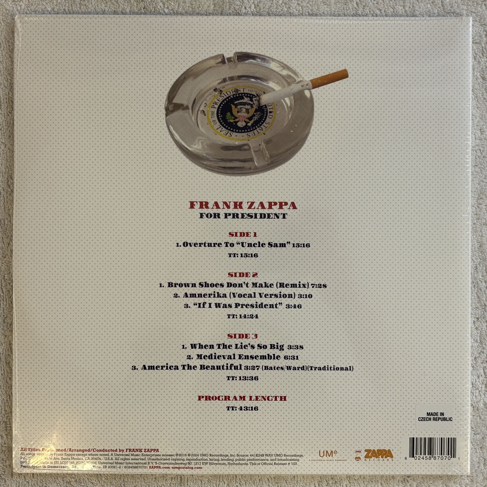 Omslagsbild för skivan FRANK ZAPPA Frank Zappa For President LP -2024 RE Zappa Records – ZR 20021-2