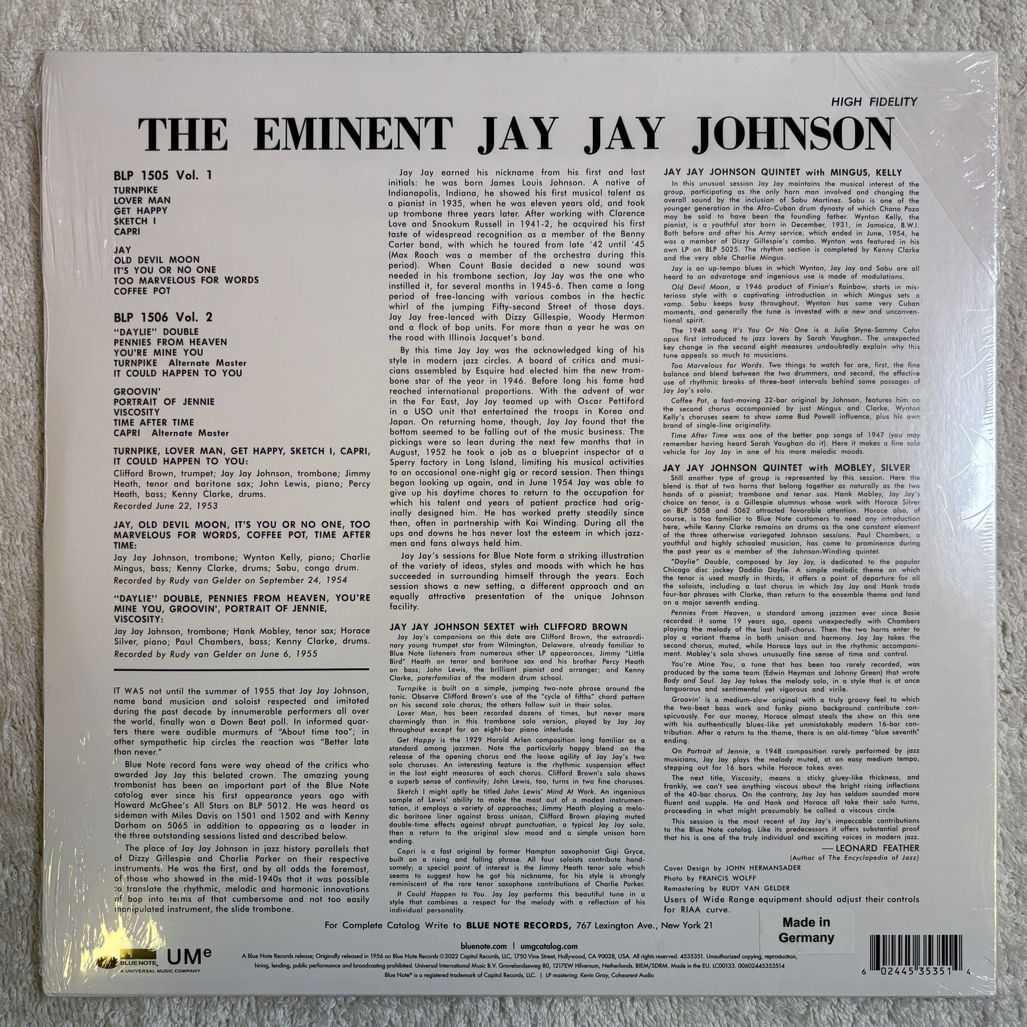 Omslagsbild för skivan JAY JAY JOHNSON The Eminent Jay Jay.. LP- 2022 Blue Note 4535351